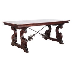 Jacobean Carved Mahogany Trestle / Dining Table, Center Table, Iron Stretchers