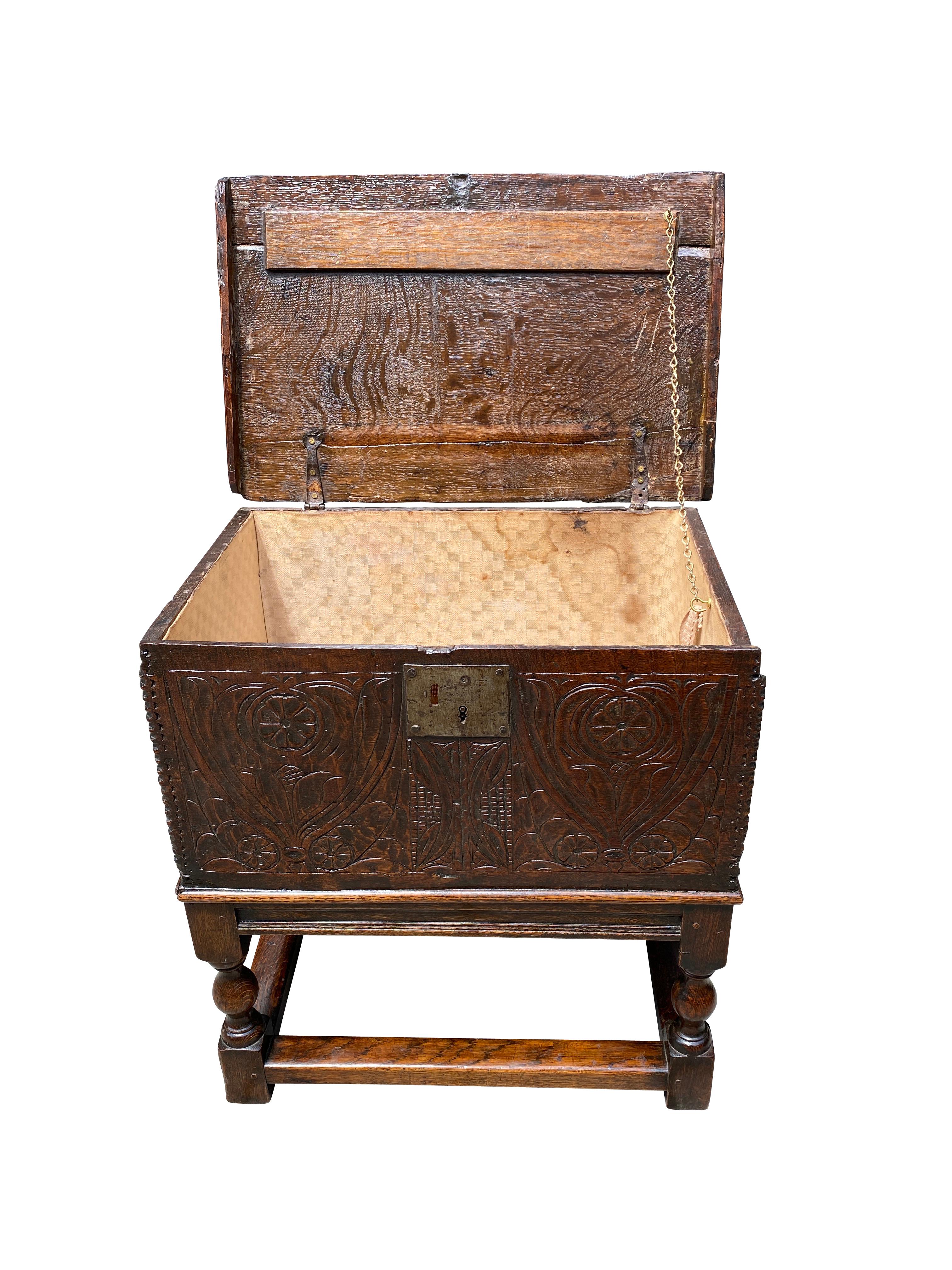 English Jacobean Carved Oak Box on Stand