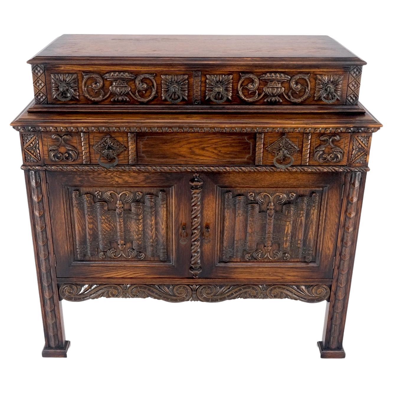 Jacobean Carved Oak Server Buffet 2 Doors 3 Drawers Commode Cabinet Mint! For Sale