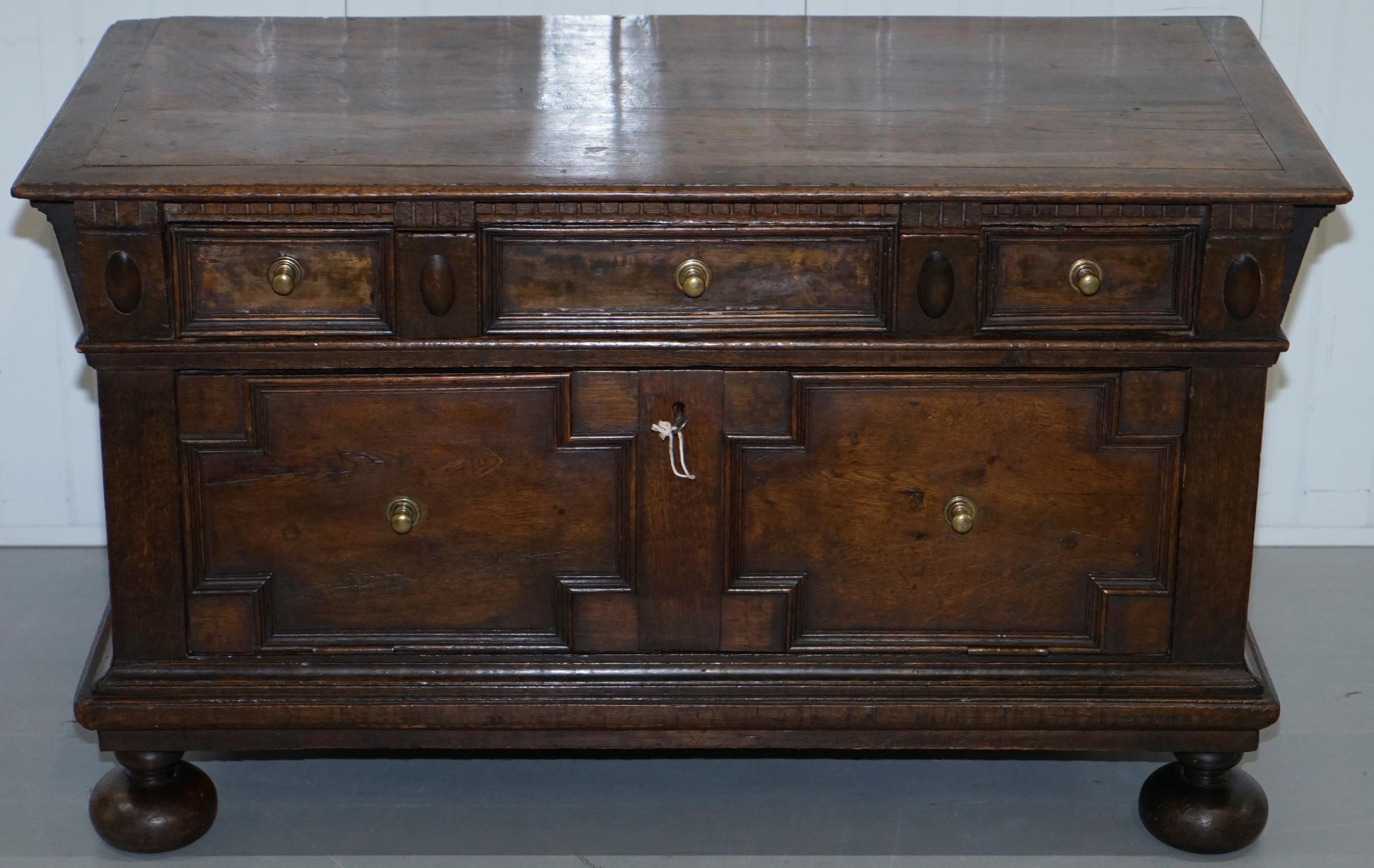 We are delighted to offer for sale this lovely circa 1600 Jacobean James VI trunk

A very good looking decorative and well-made piece, the trunk is hand sawn and made using early traditional furniture making techniques, you can see its all pegged