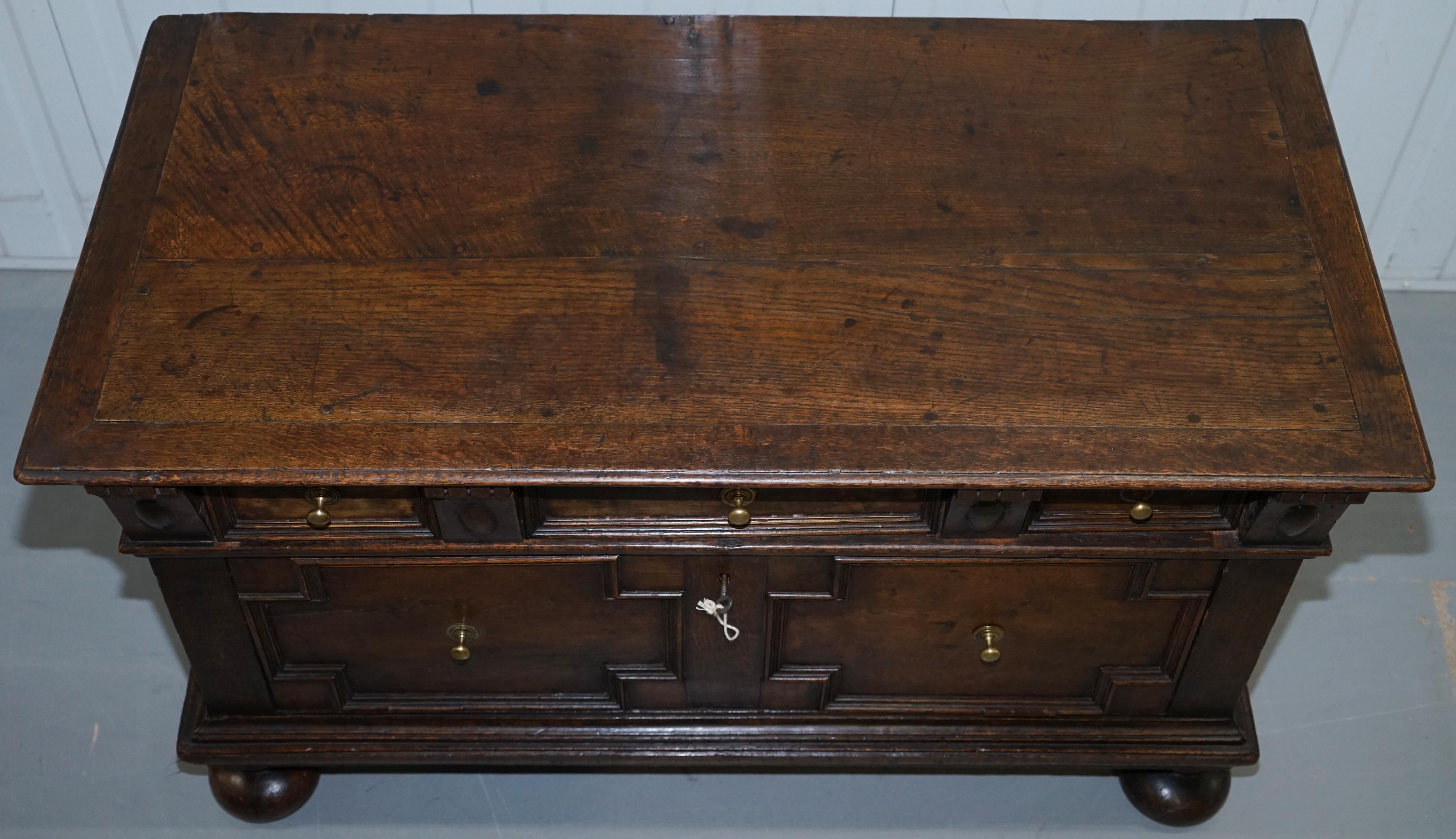 18th Century and Earlier Jacobean circa 1600 James VI Solid Wood Hand-Carved Trunk Chest Blanket Box