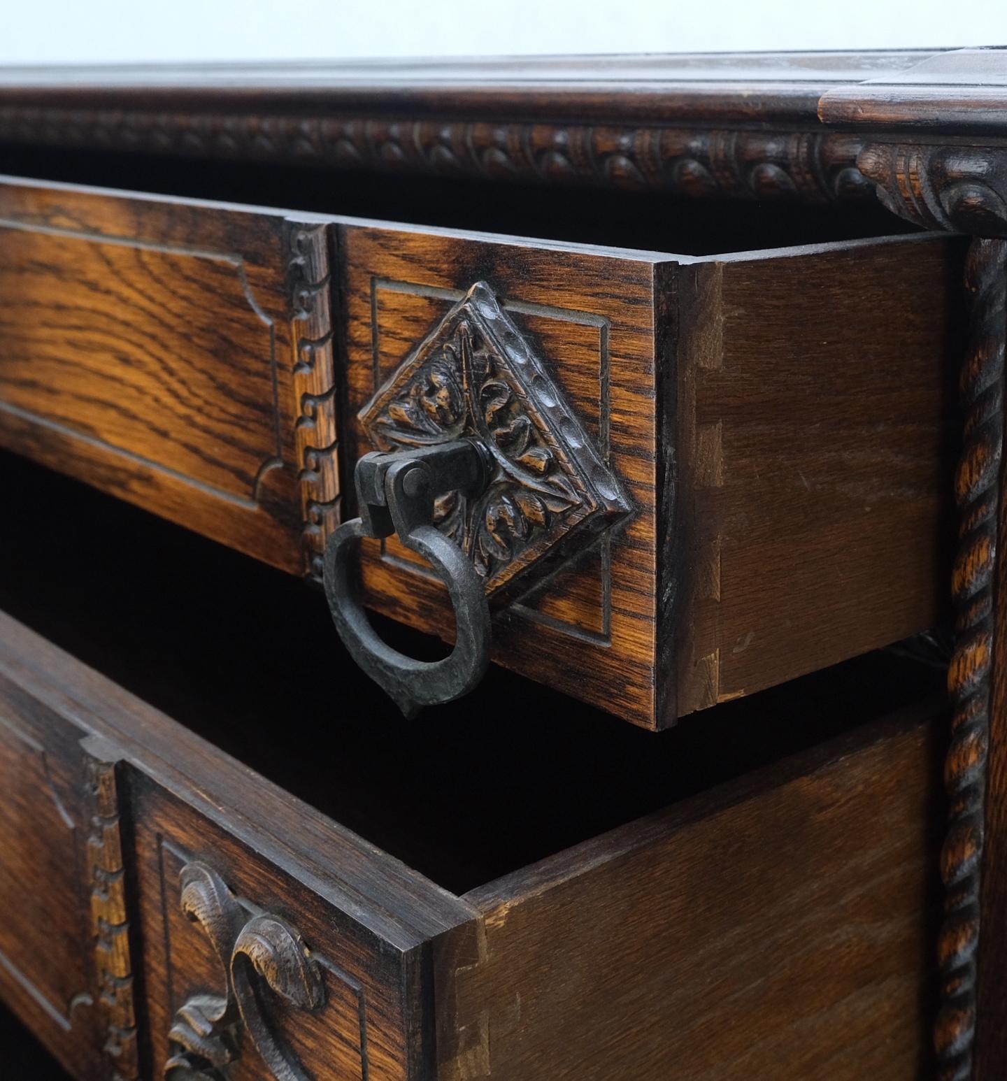 American Jacobean Fine Carved Oak Sideboard Credenza Buffet Cabinet Mint For Sale