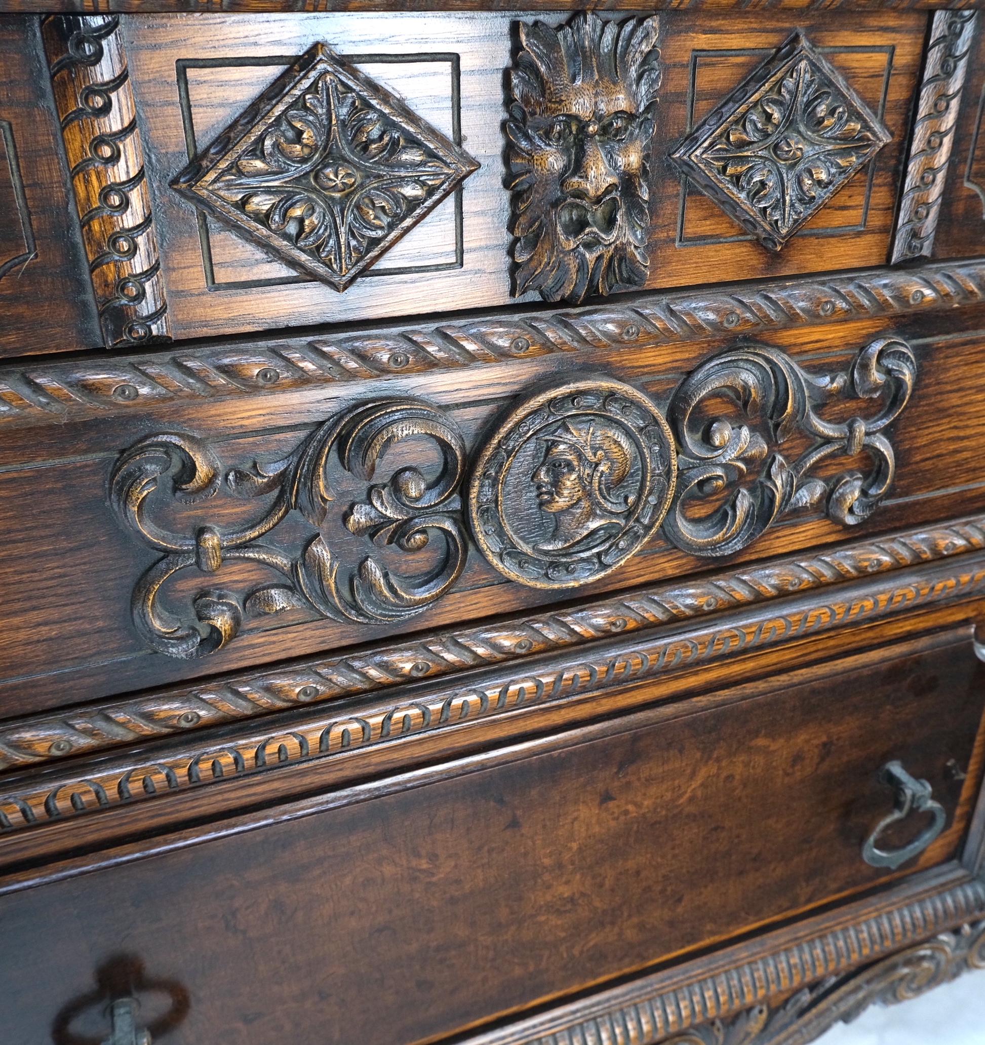 Jacobean Fine Carved Oak Sideboard Credenza Buffet Cabinet Mint In Good Condition For Sale In Rockaway, NJ