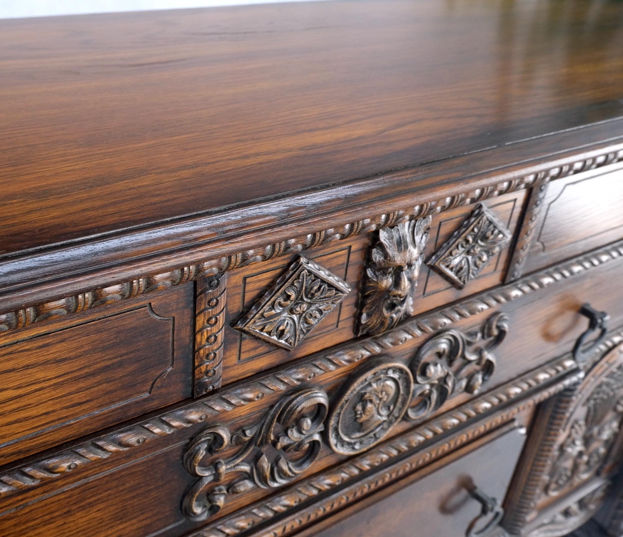20th Century Jacobean Fine Carved Oak Sideboard Credenza Buffet Cabinet Mint For Sale