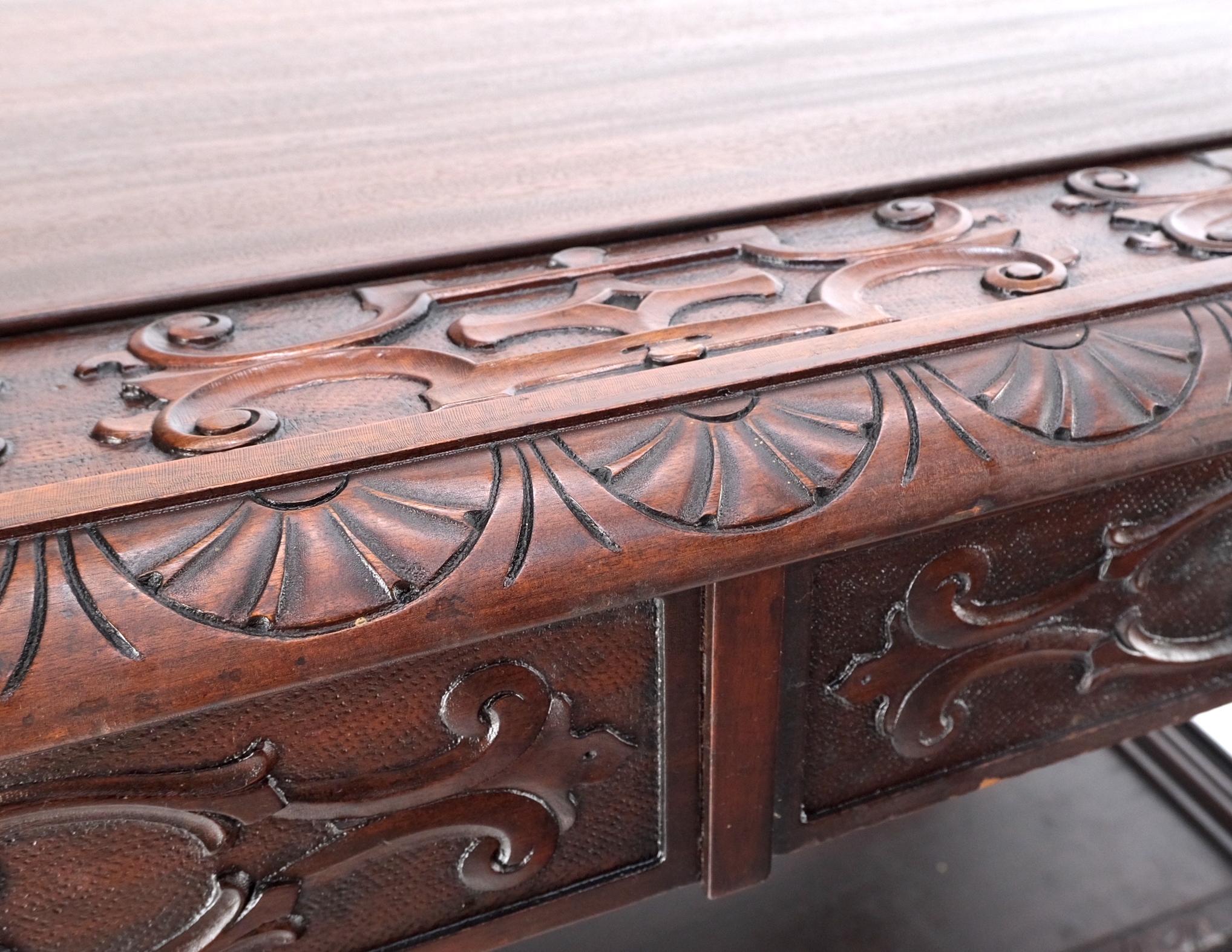 Jacobean Finely Carved Massive Solid Mahogany Partners Desk  For Sale 5