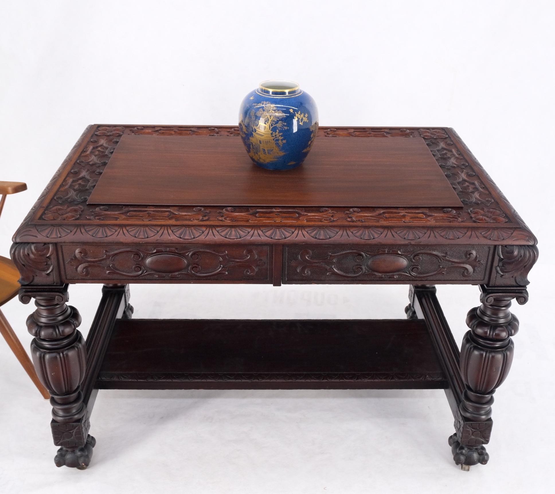 Jacobean Finely Carved Massive Solid Mahogany Partners Desk For Sale 12