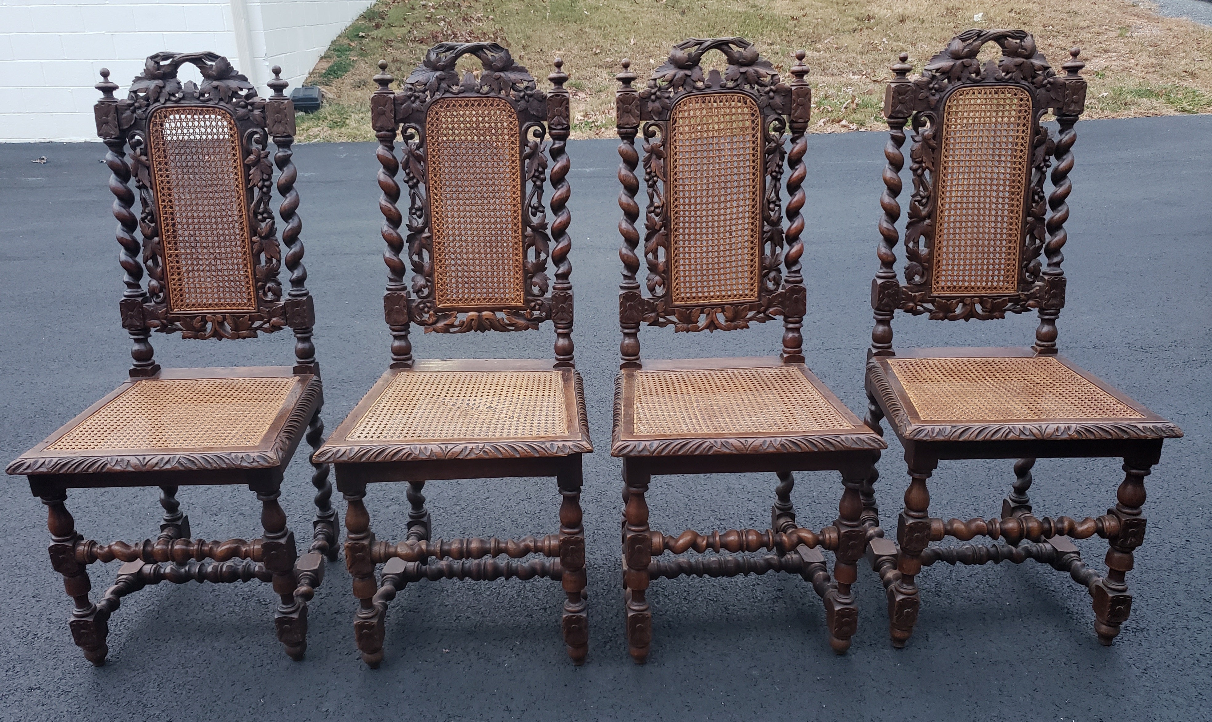 Jacobean Hand Carved Barley Twist Oak Cane Chairs, Set of 4 For Sale 3