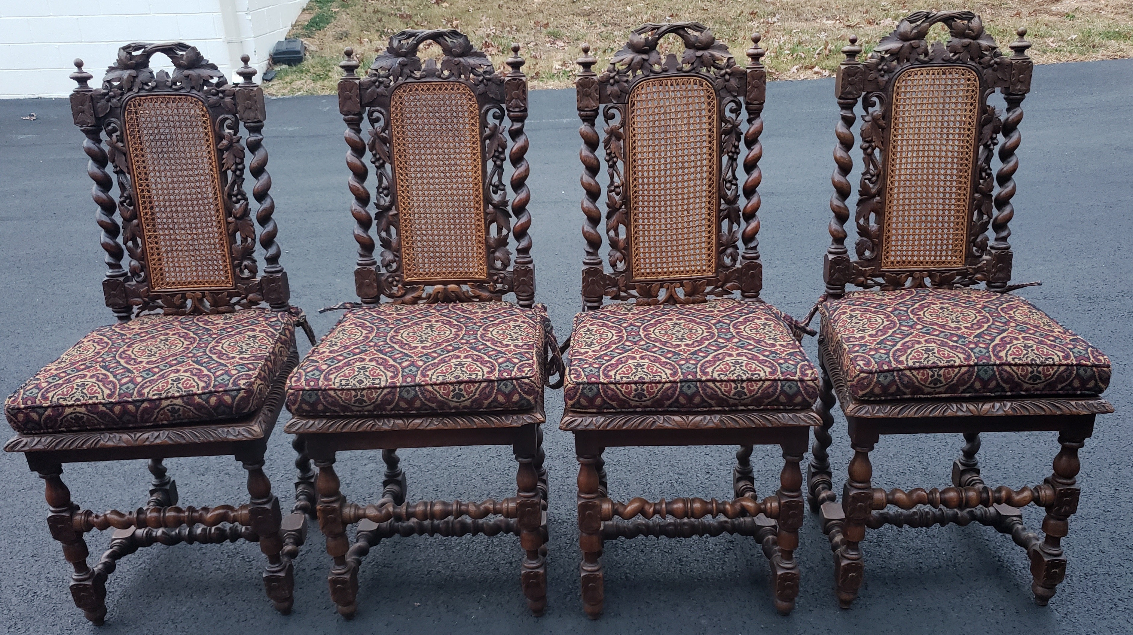 Jacobean Hand Carved Barley Twist Oak Cane Chairs, Set of 4 For Sale 3