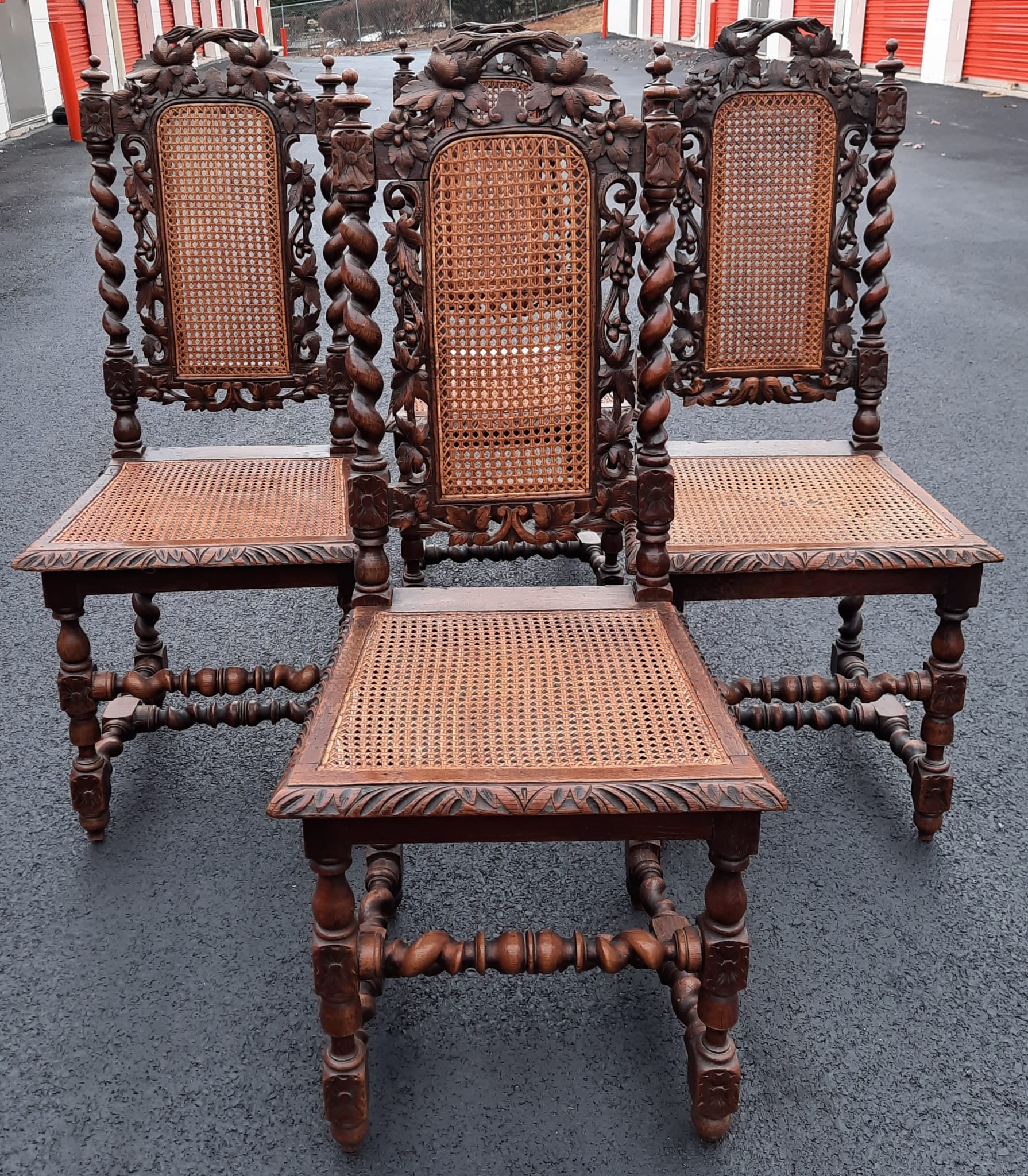 Jacobean Hand Carved Barley Twist Oak Cane Chairs, Set of 4 For Sale 5