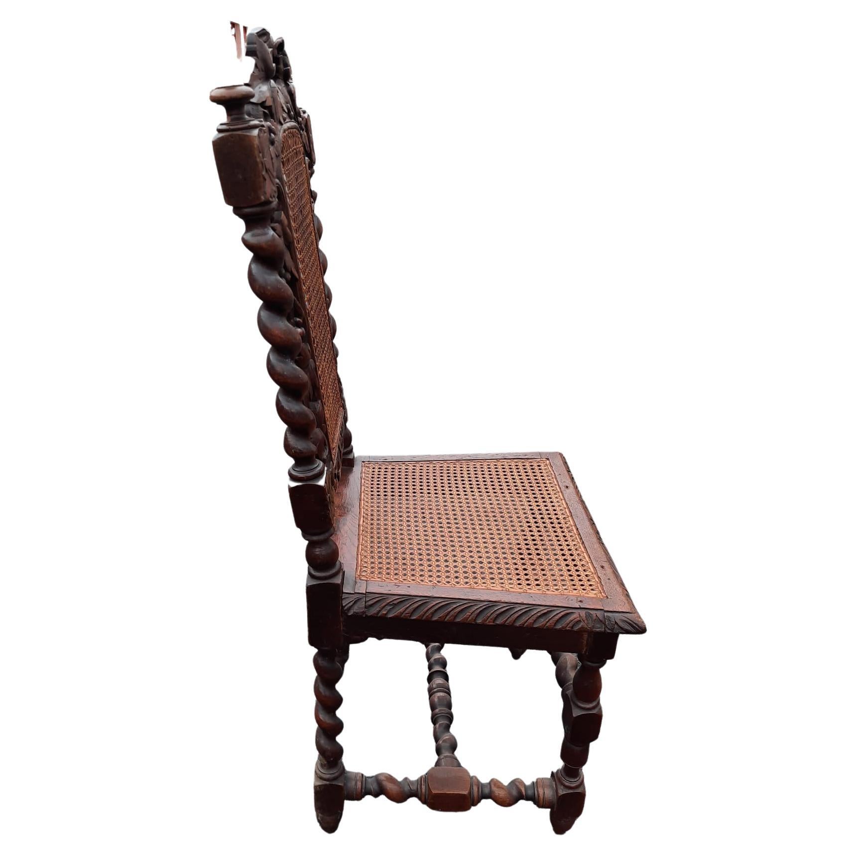 20th Century Jacobean Hand Carved Barley Twist Oak Cane Chairs, Set of 4 For Sale