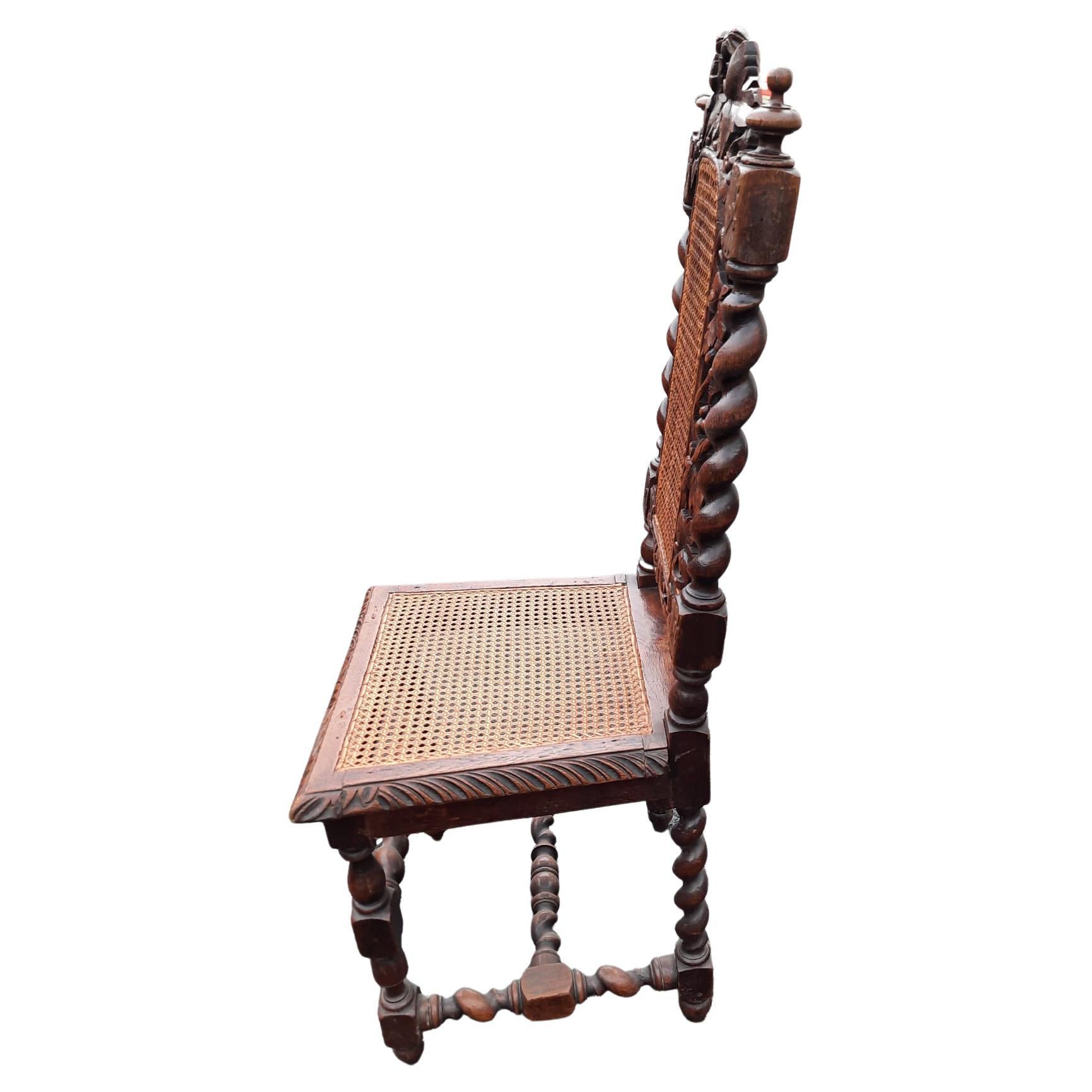 Jacobean Hand Carved Barley Twist Oak Cane Chairs, Set of 4 For Sale 1