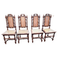 Jacobean Hand Carved Barley Twist Oak Cane Chairs, Set of 4