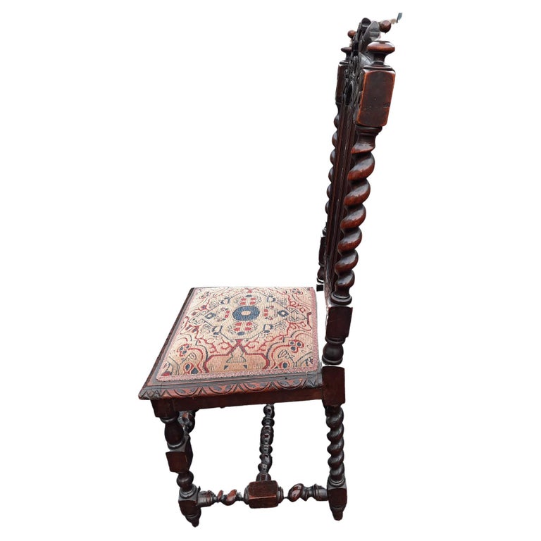 Jacobean Hand Carved Barley Twist Oak Upholstered Chairs, circa 1920s, a Pair For Sale at 1stDibs