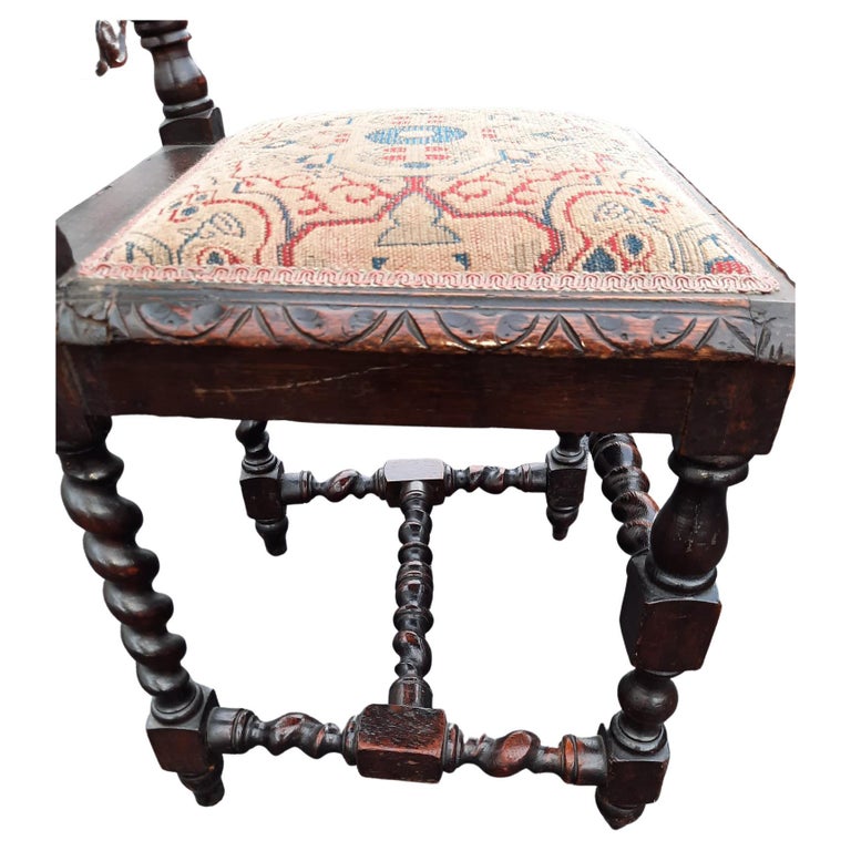 Jacobean Hand Carved Barley Twist Oak Upholstered Chairs, circa 1920s, a Pair For Sale at 1stDibs