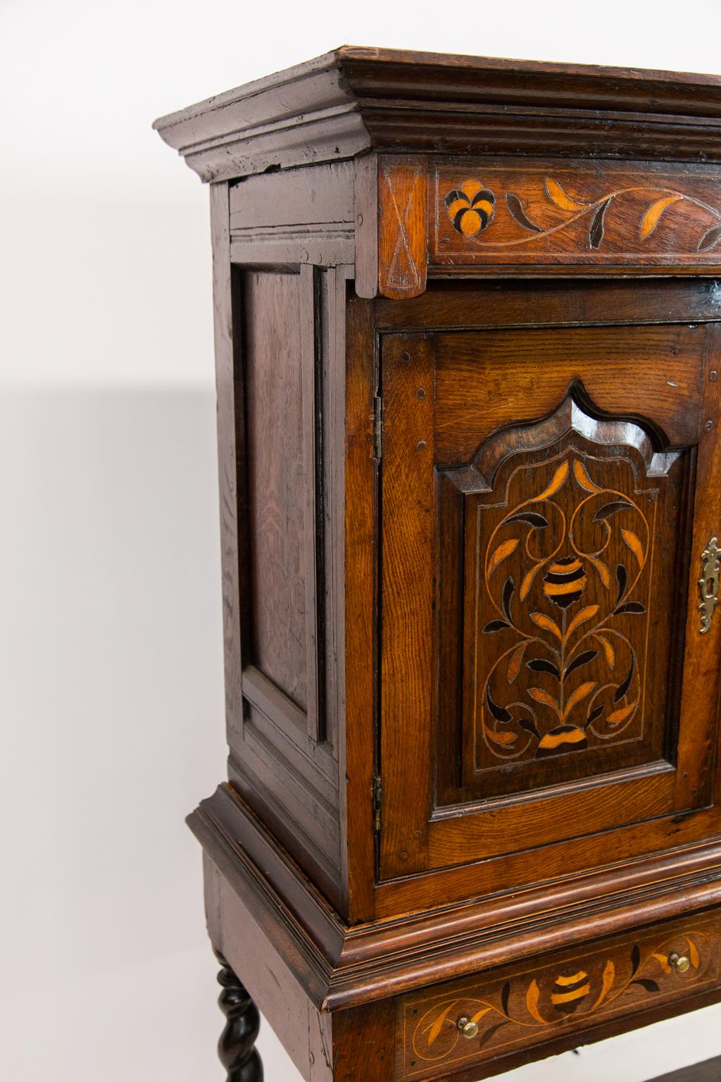 Hand-Carved Jacobean Inlaid Barley Twist Court Cupboard For Sale
