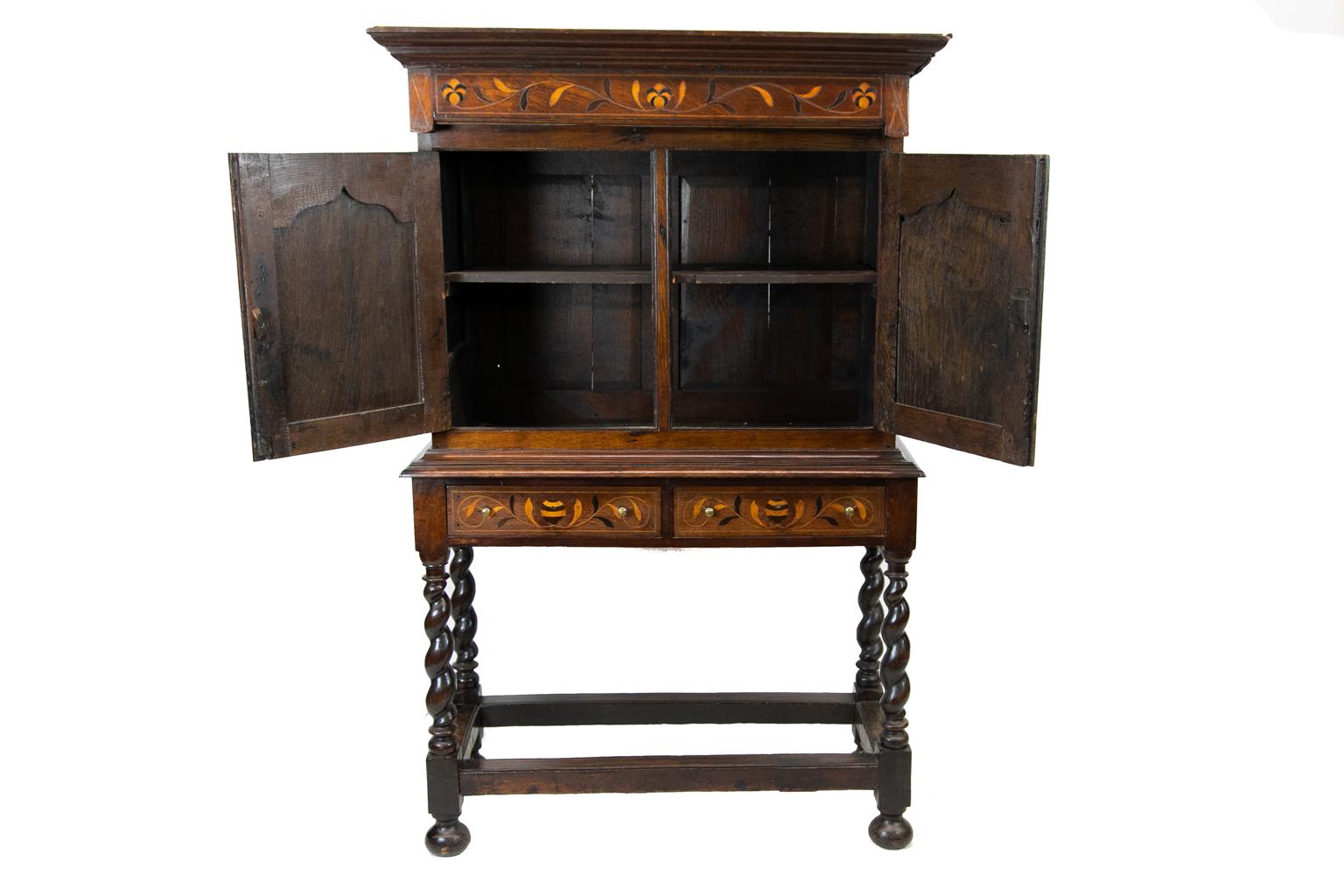 Satinwood Jacobean Inlaid Barley Twist Court Cupboard For Sale