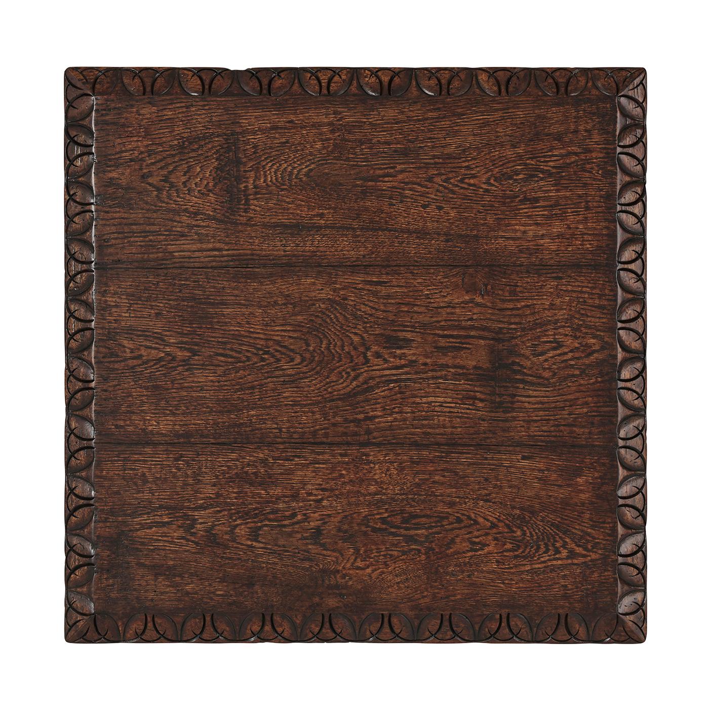 A square rustic Jacobean style oak veneered end table with chamfered carved edge top featuring an angled carved spiral leg column joined with a spiral stretcher.


Dimensions: 24