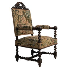 Jacobean Oak Armchair with Floral Upholstery, France, Circa 1880