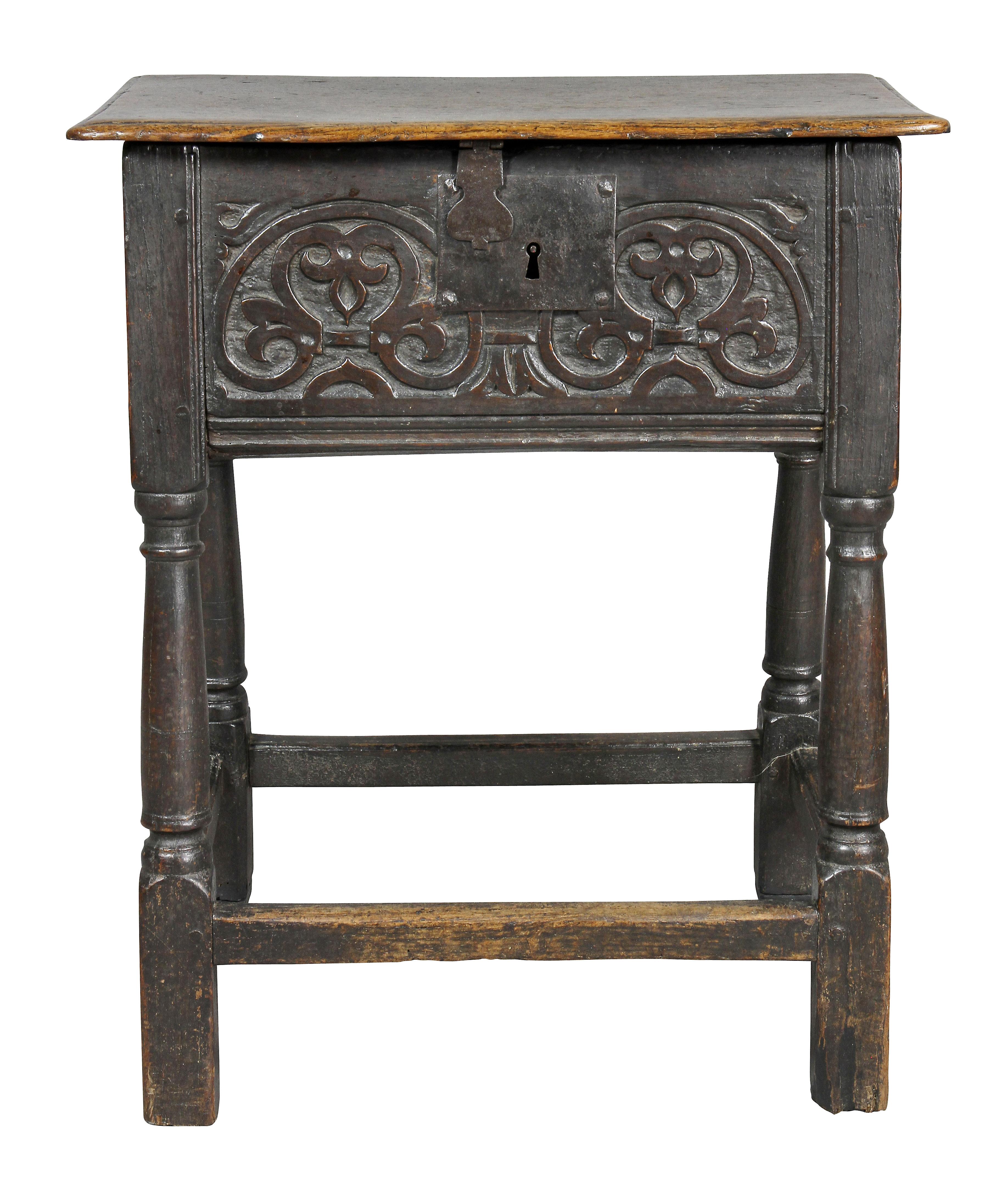 Rare form with a hinged lid and carved sides, turned legs with box stretchers. Provenance; H. W .Keil Antiques, Broadway, England