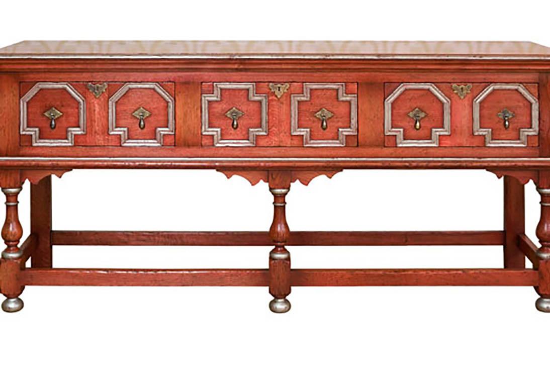 Stained Jacobean Oak Salmon Red/Silver Sideboard Dresser Base For Sale