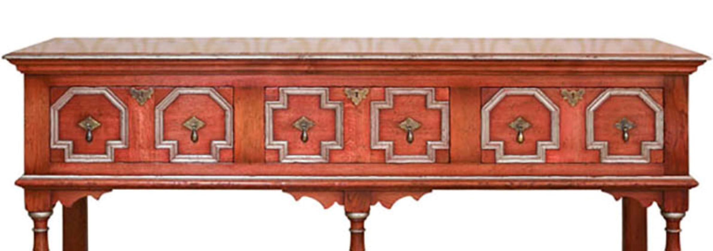 Jacobean Oak Salmon Red/Silver Sideboard Dresser Base In New Condition For Sale In Cranbrook, Kent