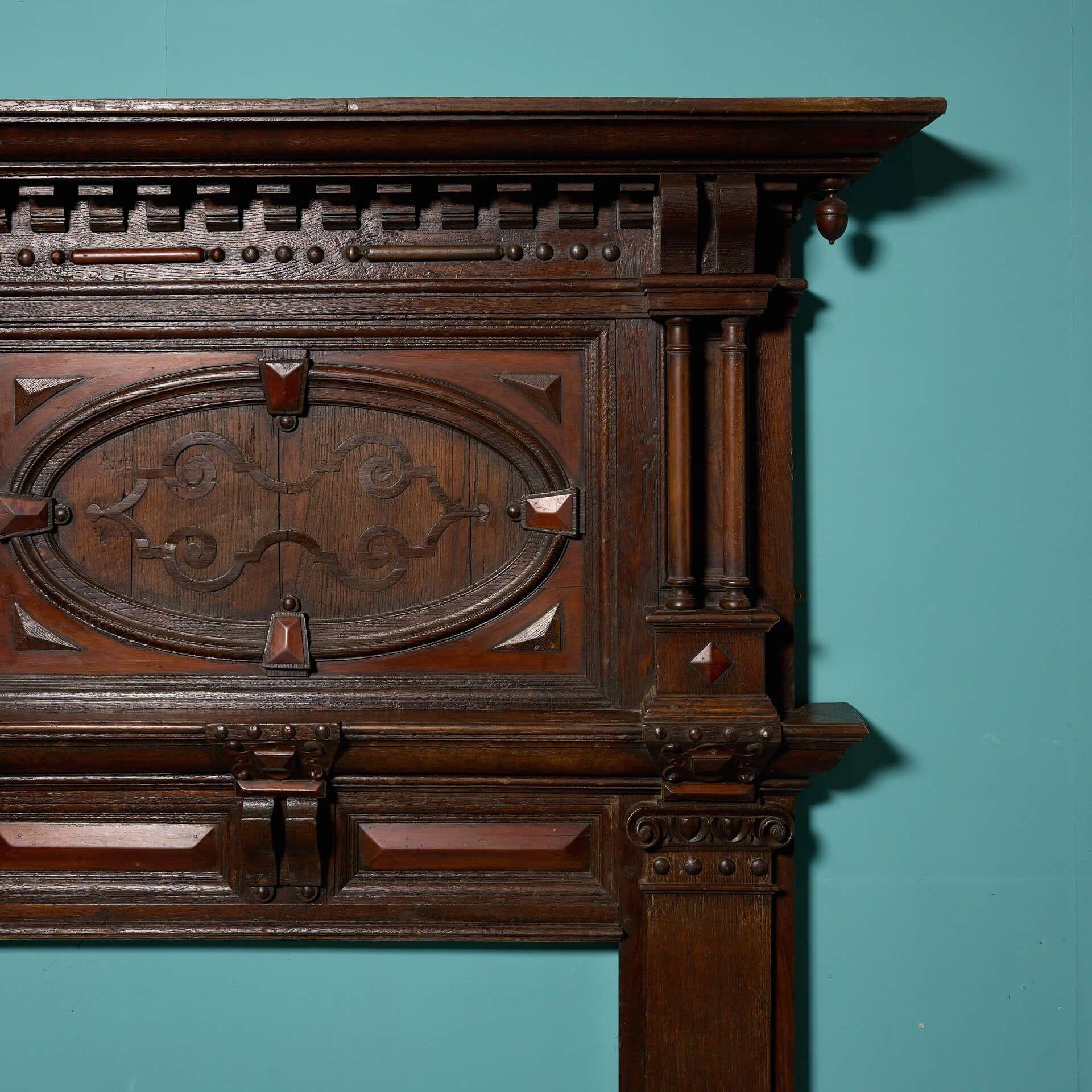 Jacobean Period Carved Oak Mantel In Good Condition For Sale In Wormelow, Herefordshire