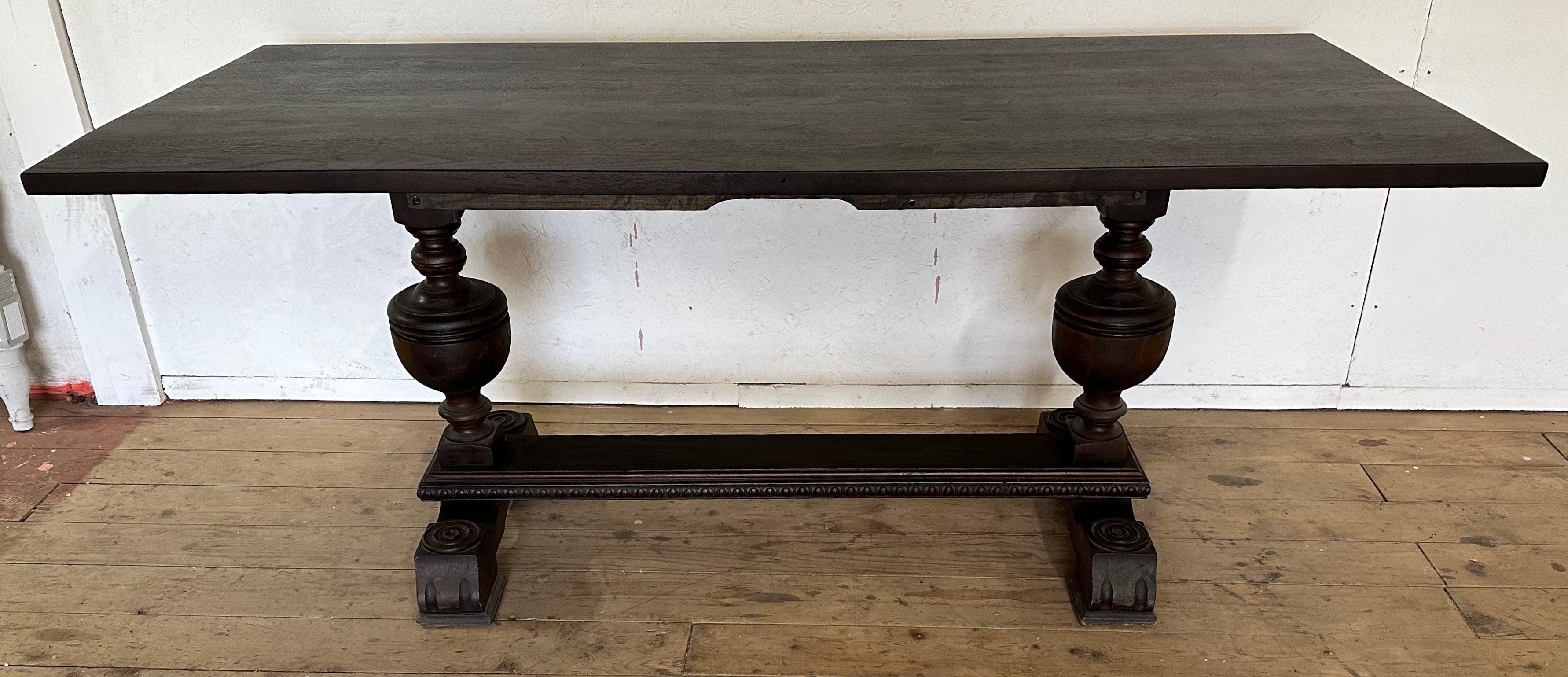 Elizabethan Jacobean style refectory table with carved melon shaped bulbous legs connected with stretchers. Use for dining table, library table, conference table, entry hallway, foyer or center hall table. 70