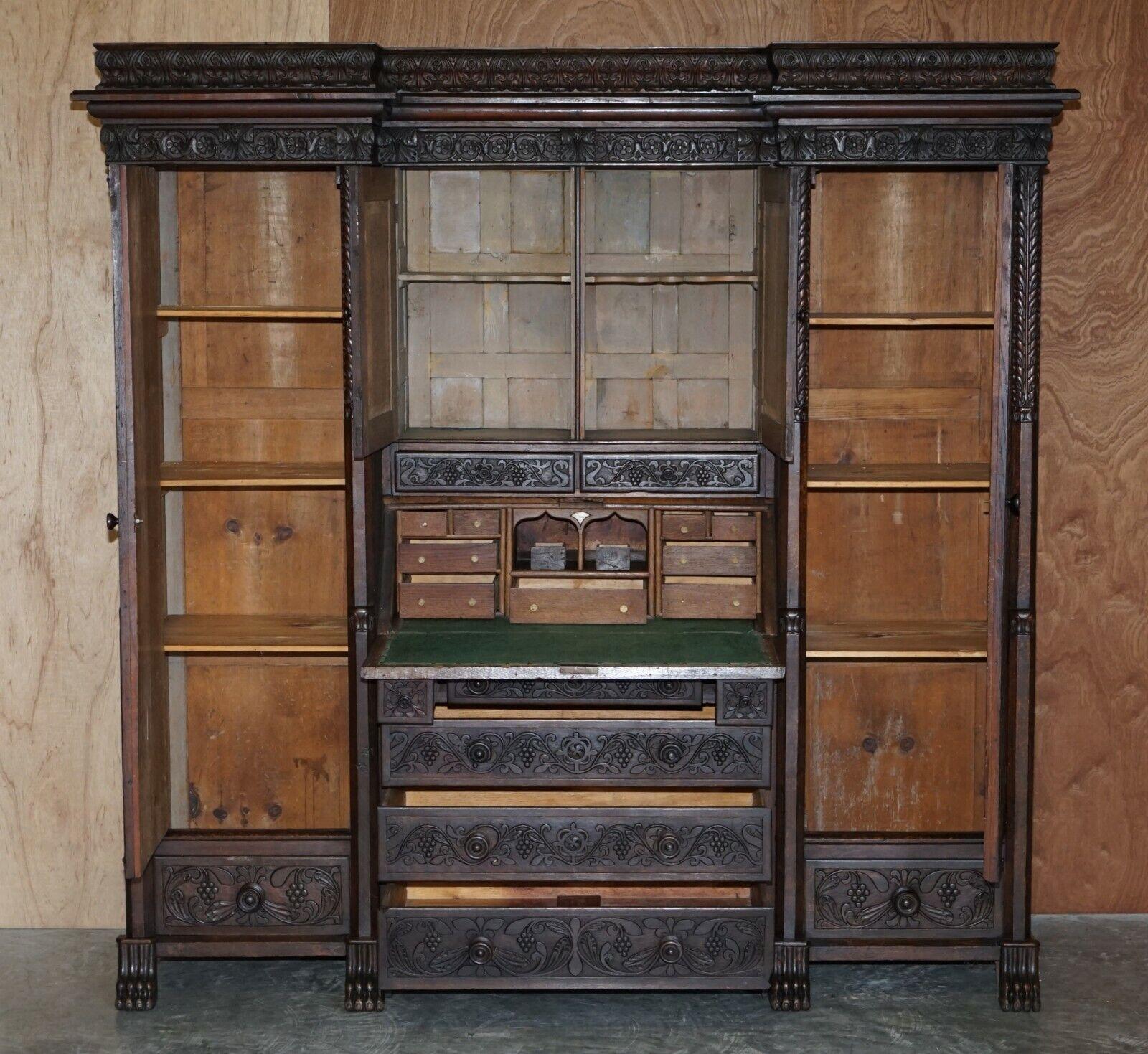 Jacobean Revival Antique 1833 Dated Hand Carved English Oak Bureau Bookcase For Sale 4