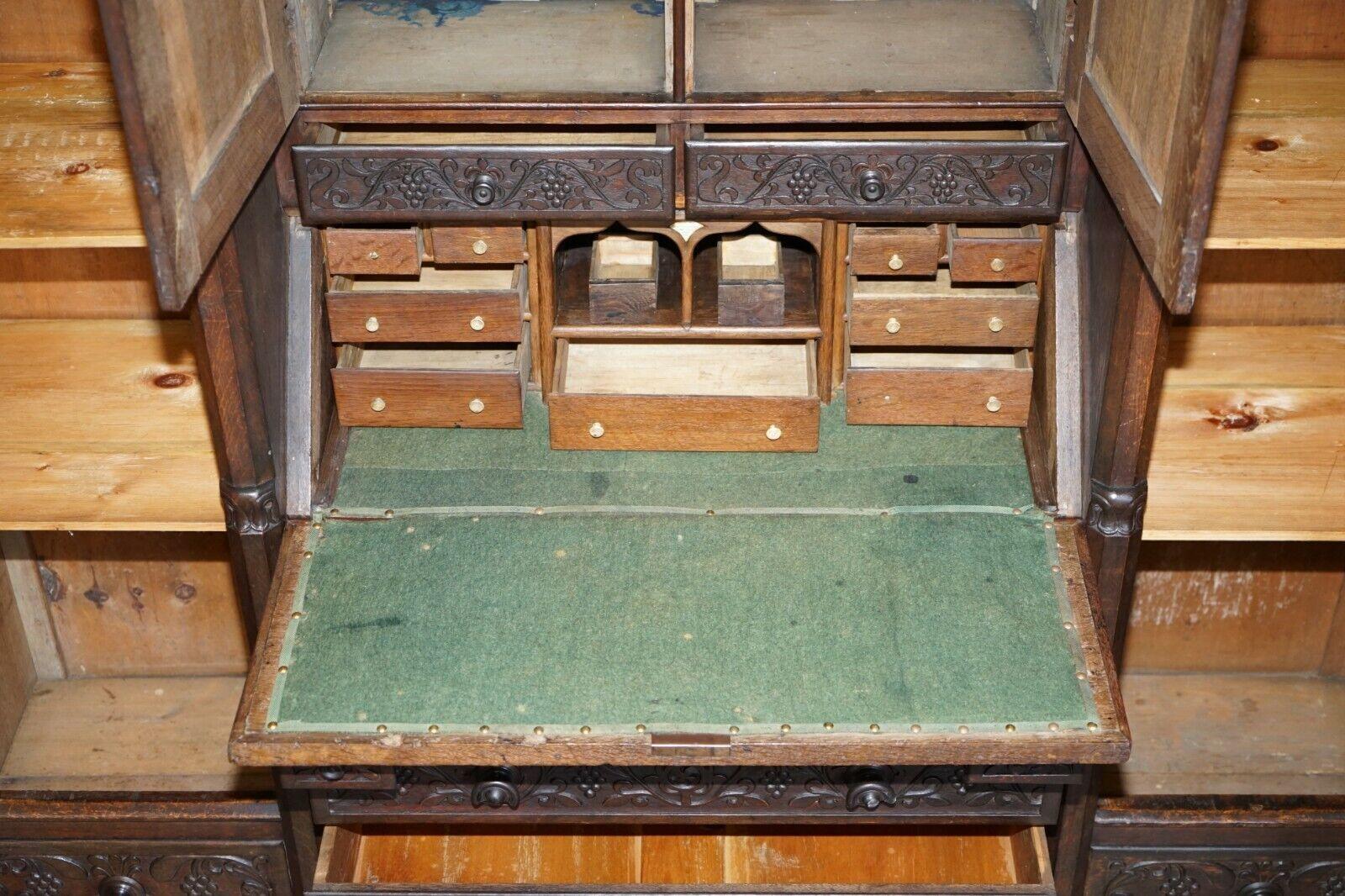 Jacobean Revival Antique 1833 Dated Hand Carved English Oak Bureau Bookcase For Sale 5