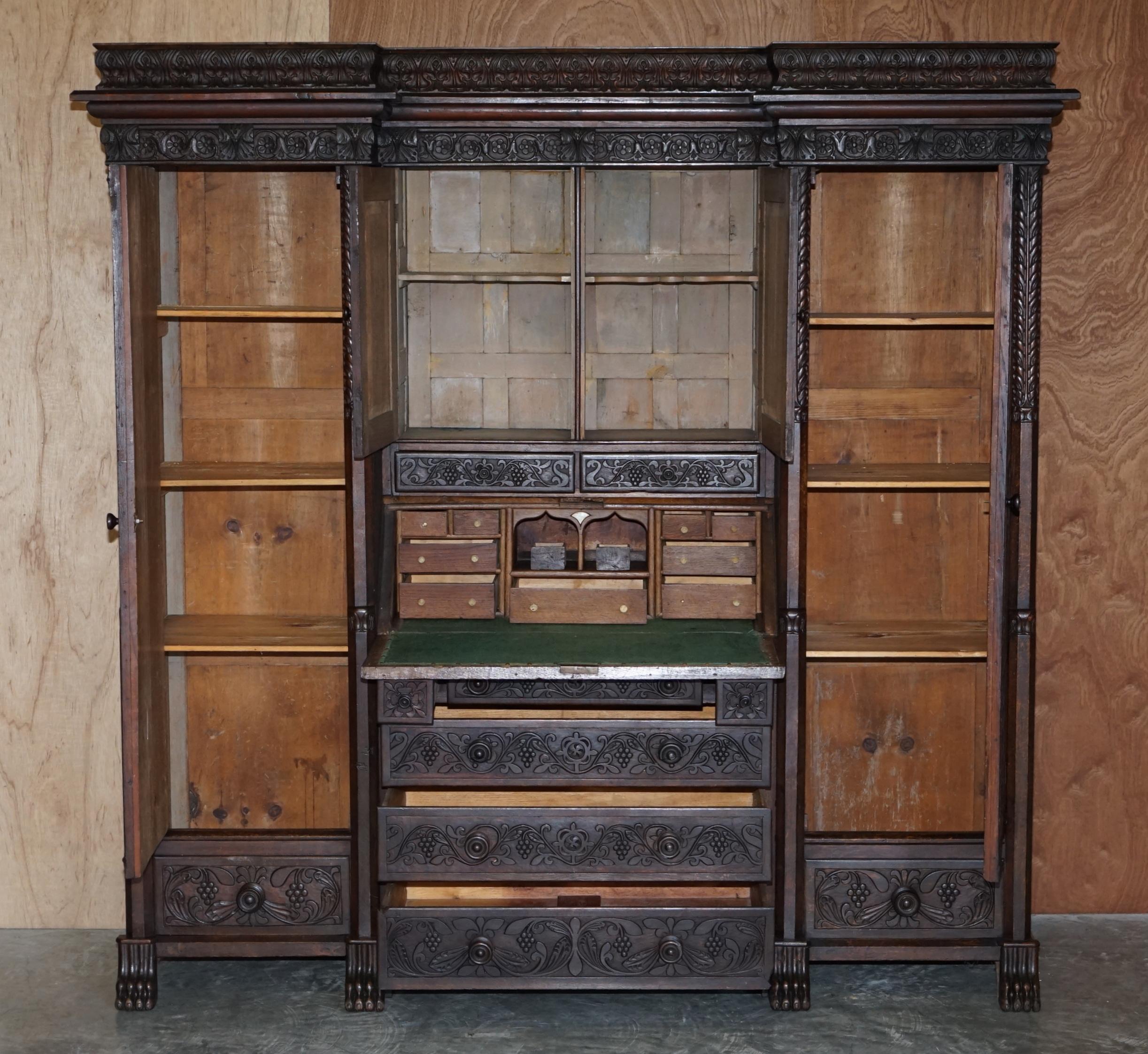 Jacobean Revival Antique 1833 Dated Hand Carved English Oak Bureau Bookcase 7