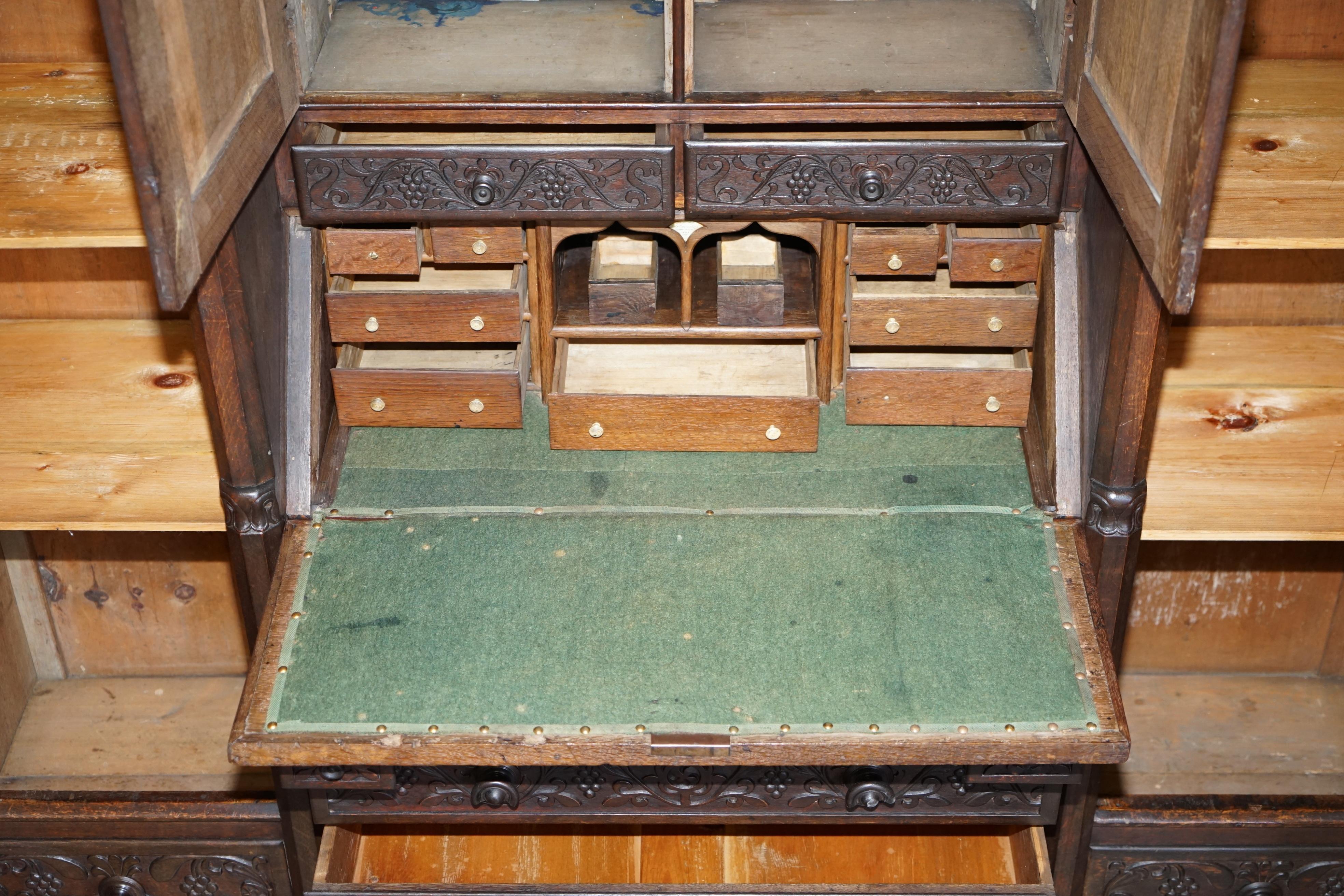 Jacobean Revival Antique 1833 Dated Hand Carved English Oak Bureau Bookcase 8