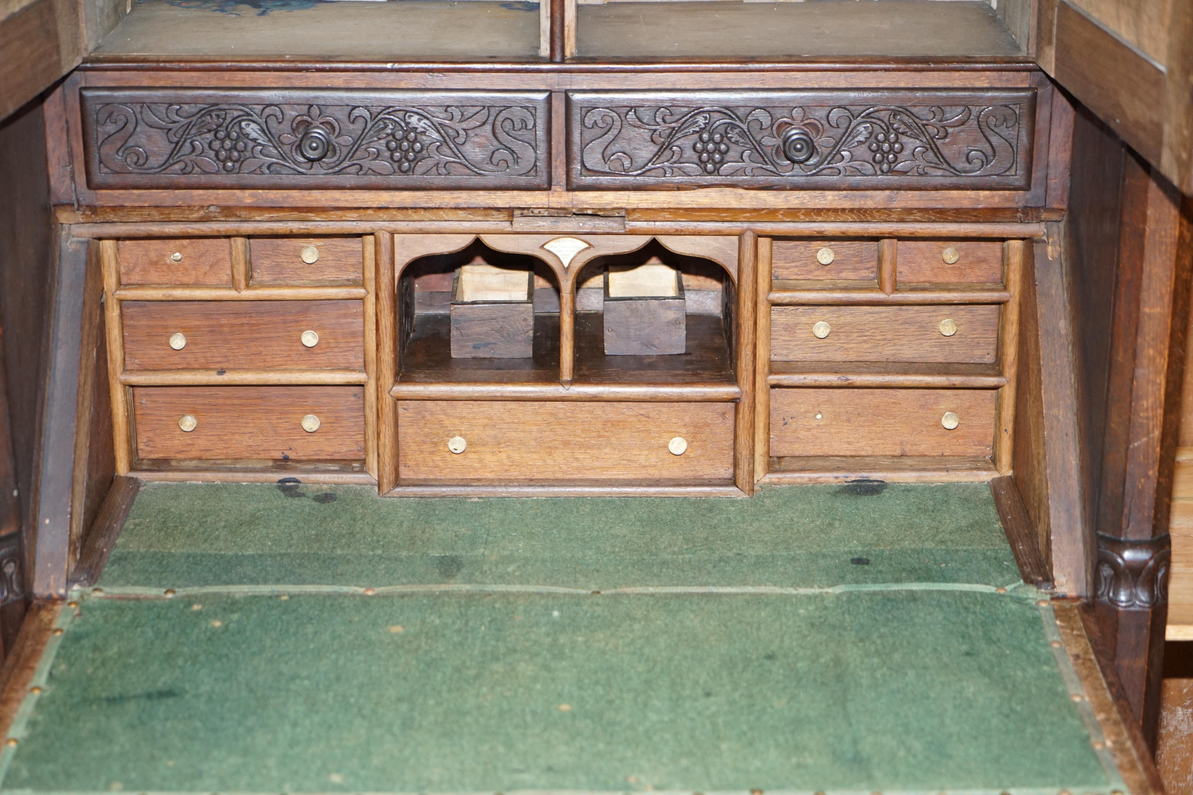 Jacobean Revival Antique 1833 Dated Hand Carved English Oak Bureau Bookcase 9