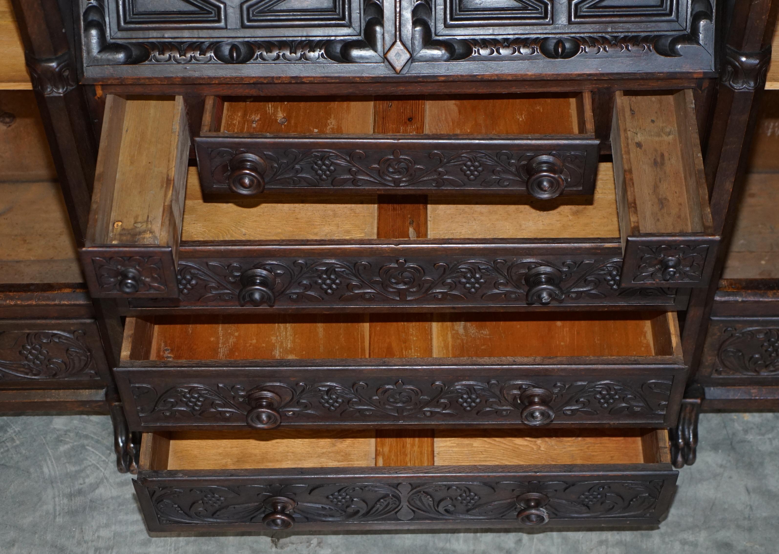 Jacobean Revival Antique 1833 Dated Hand Carved English Oak Bureau Bookcase 11