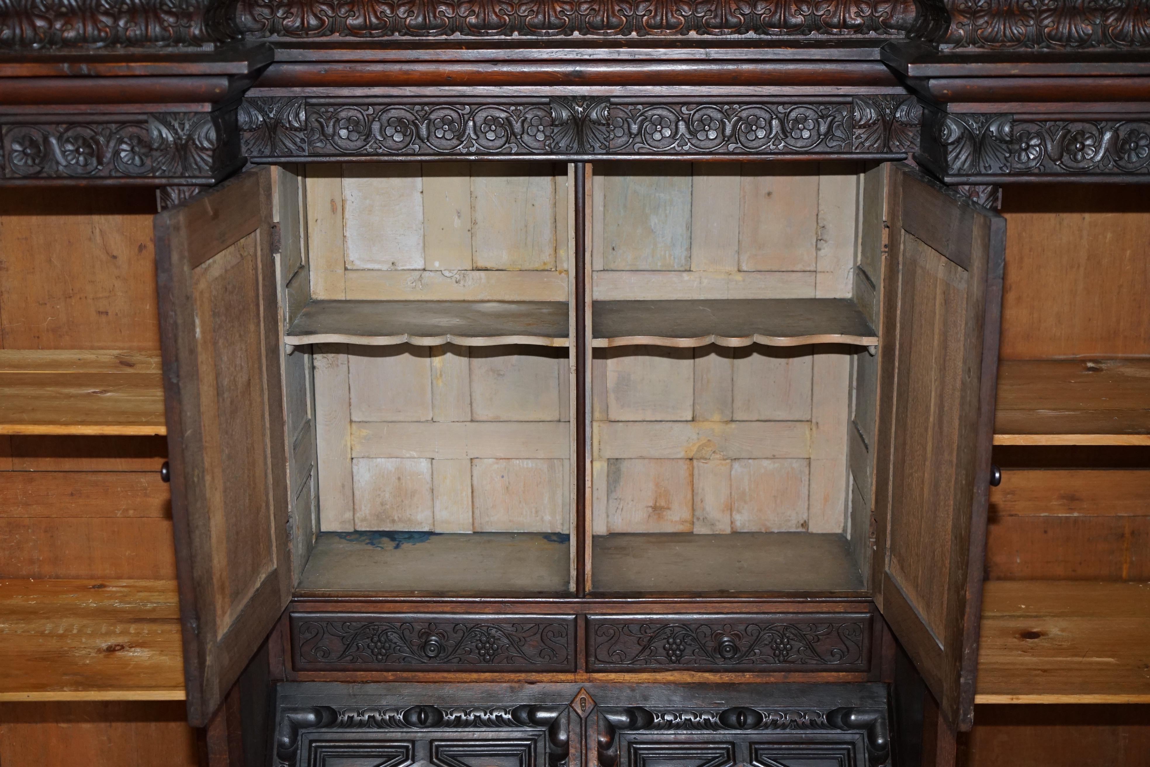 Jacobean Revival Antique 1833 Dated Hand Carved English Oak Bureau Bookcase 12