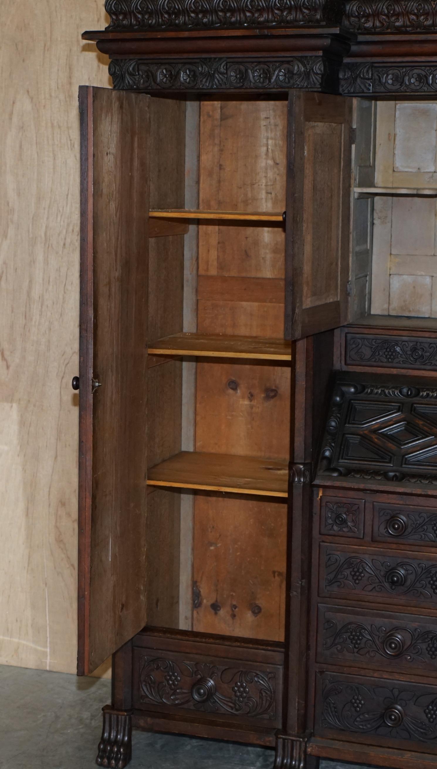 Jacobean Revival Antique 1833 Dated Hand Carved English Oak Bureau Bookcase 13