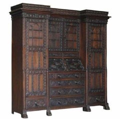 Jacobean Revival Antique 1833 Dated Hand Carved English Oak Bureau Bookcase