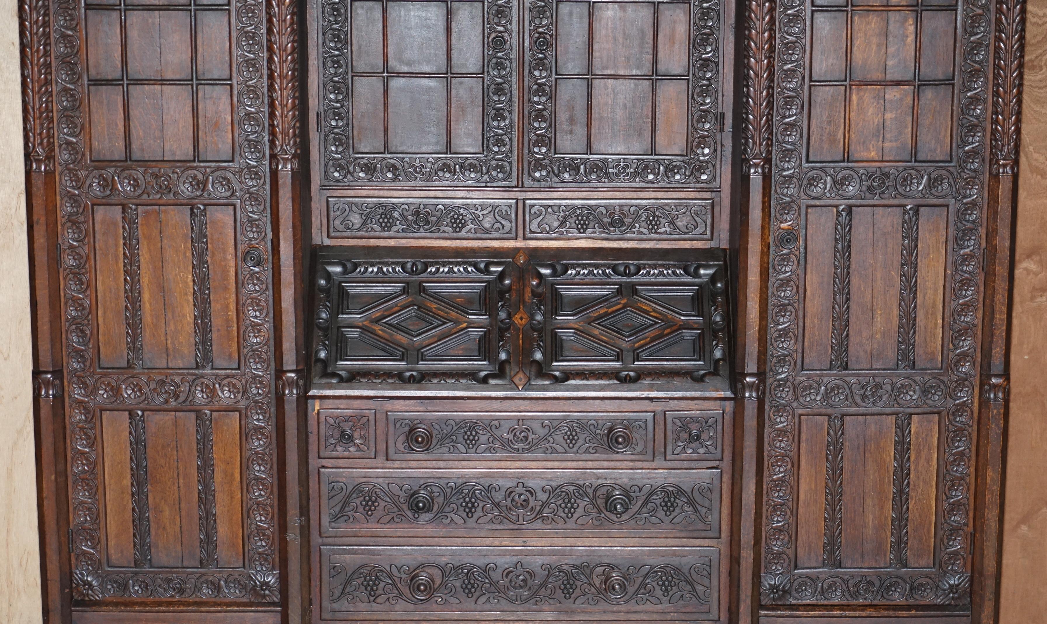 Jacobean Revival Antique 1833 Dated Hand Carved English Oak Bureau Bookcase 1