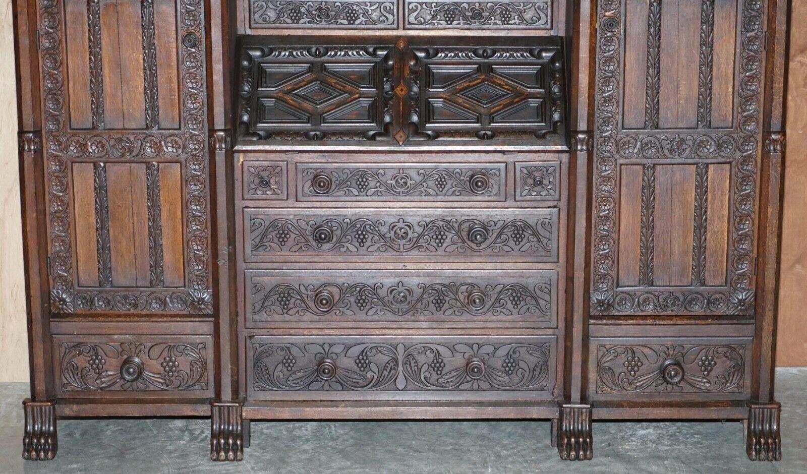 Mid-19th Century Jacobean Revival Antique 1833 Dated Hand Carved English Oak Bureau Bookcase For Sale