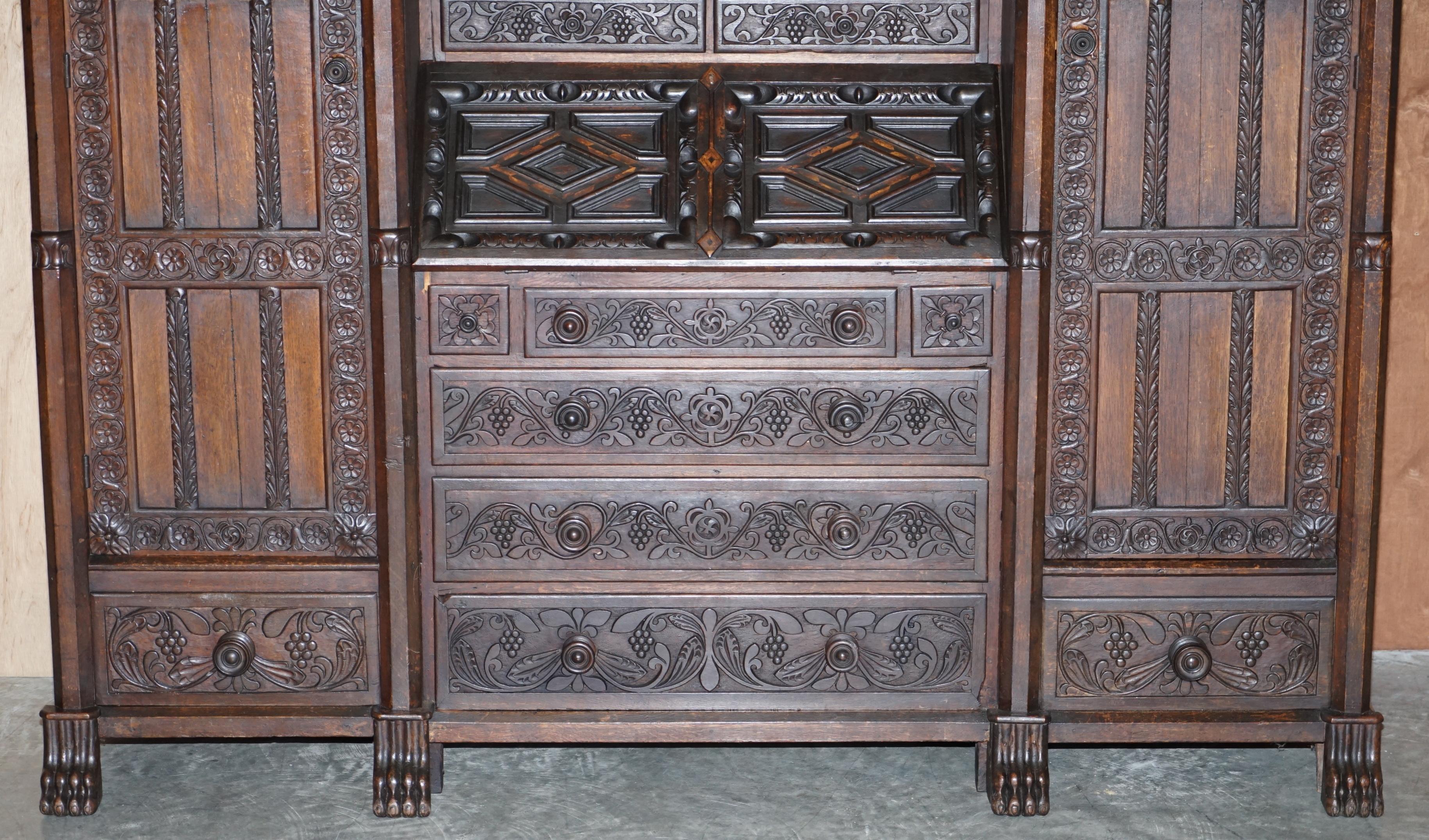 Jacobean Revival Antique 1833 Dated Hand Carved English Oak Bureau Bookcase 2