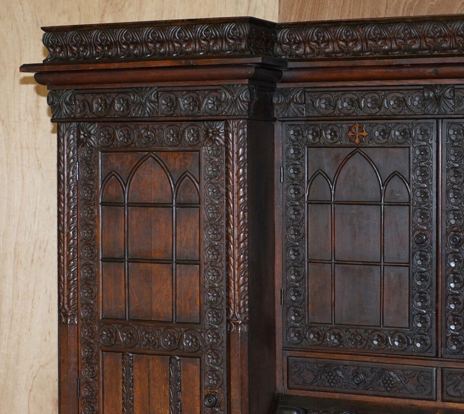 Jacobean Revival Antique 1833 Dated Hand Carved English Oak Bureau Bookcase For Sale 1