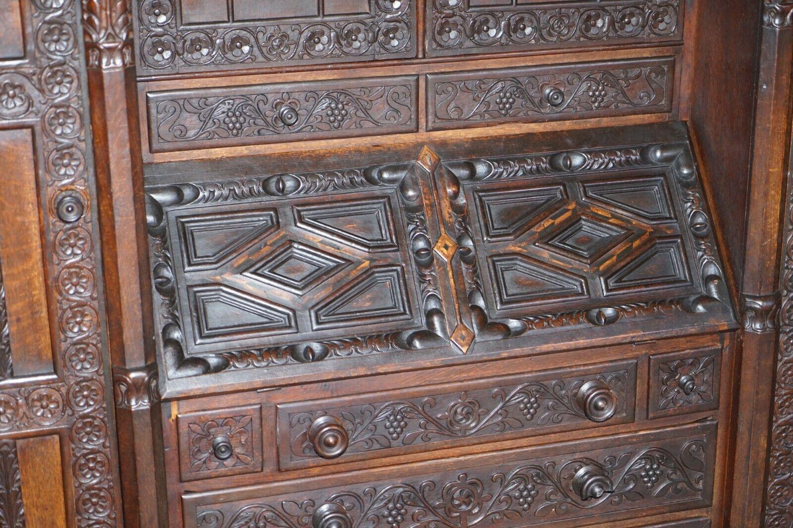 Jacobean Revival Antique 1833 Dated Hand Carved English Oak Bureau Bookcase For Sale 3