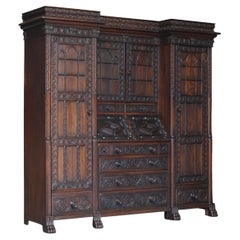 Jacobean Revival Antique 1833 Dated Hand Carved English Oak Bureau Bookcase