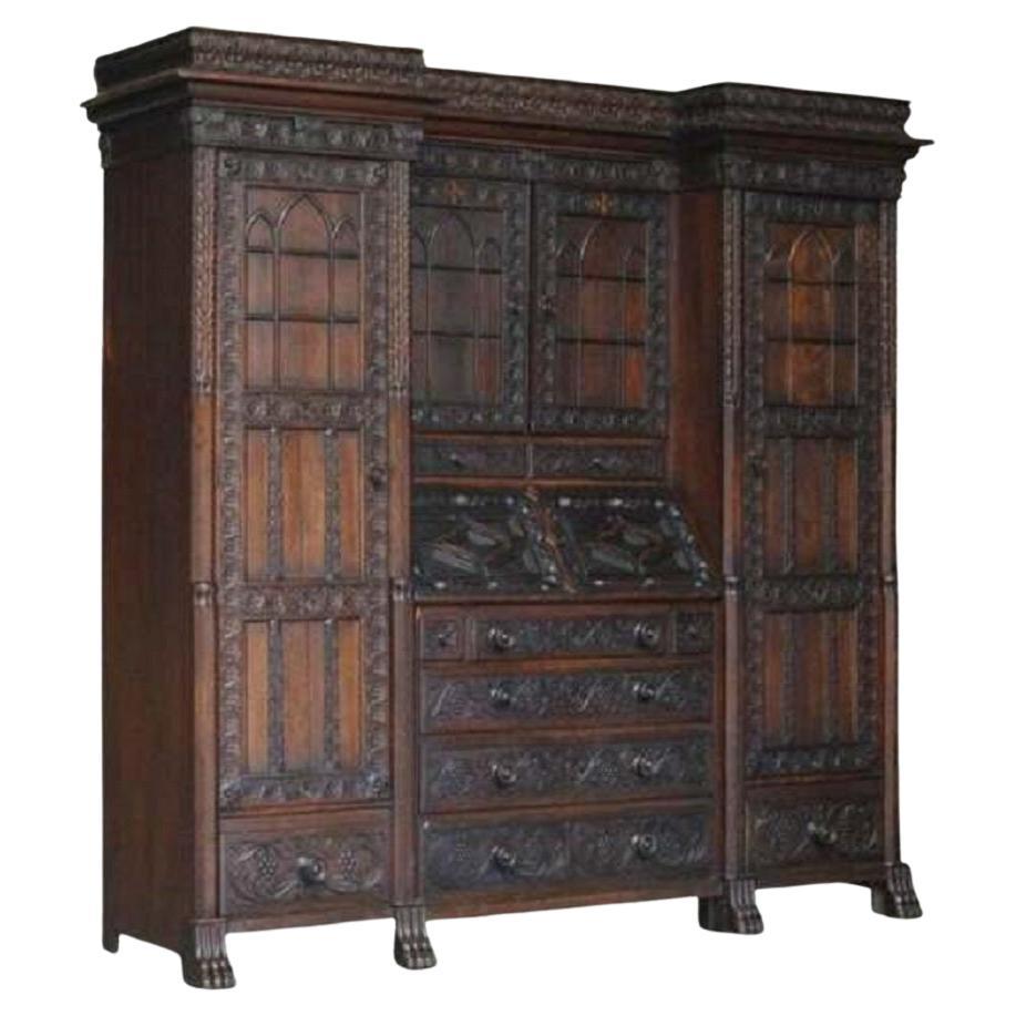 Jacobean Revival Antique 1833 Dated Hand Carved English Oak Bureau Bookcase For Sale