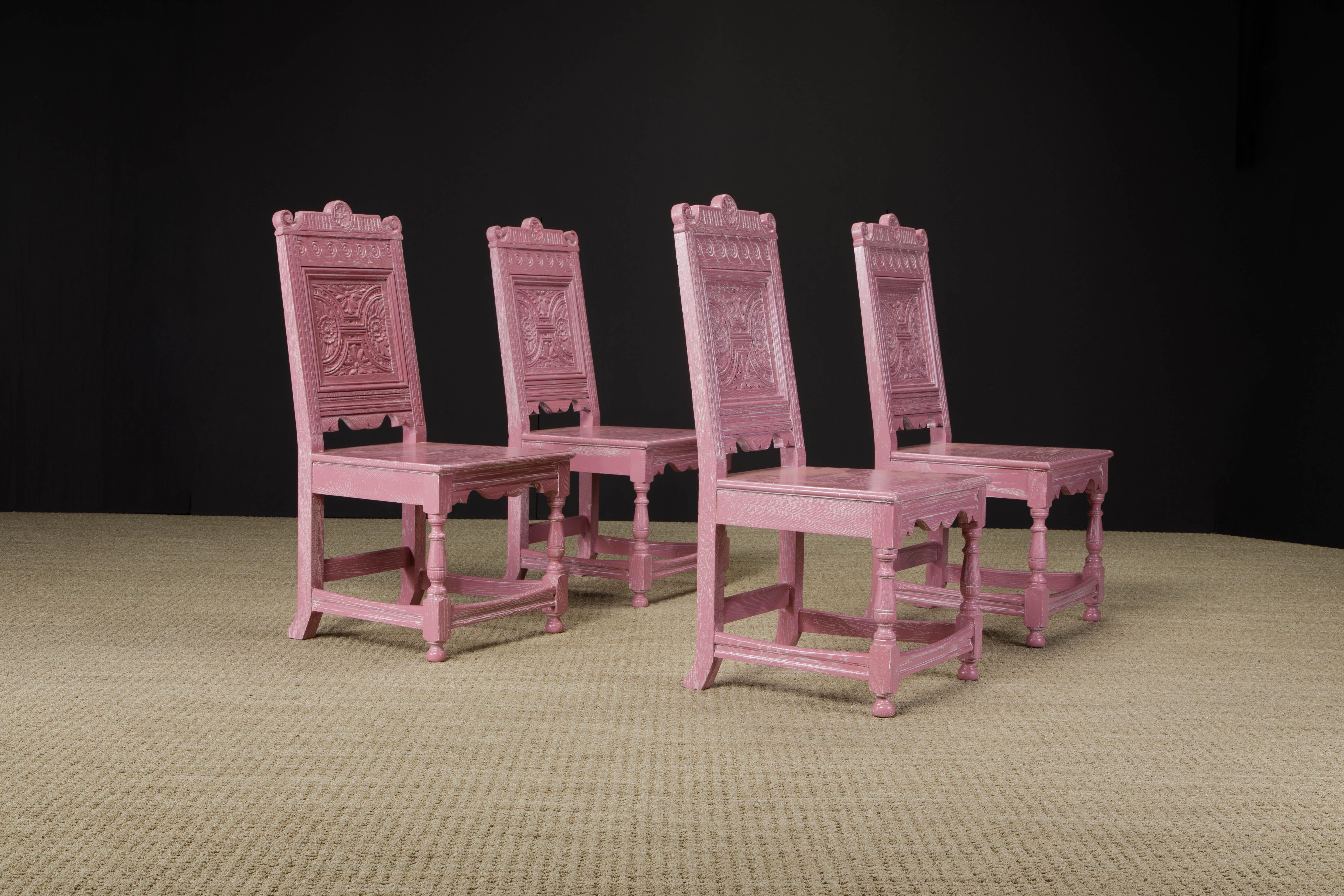 Jacobean Revival Carved Oak Dining Set Restored in Cerused Pink, circa 1930s 6