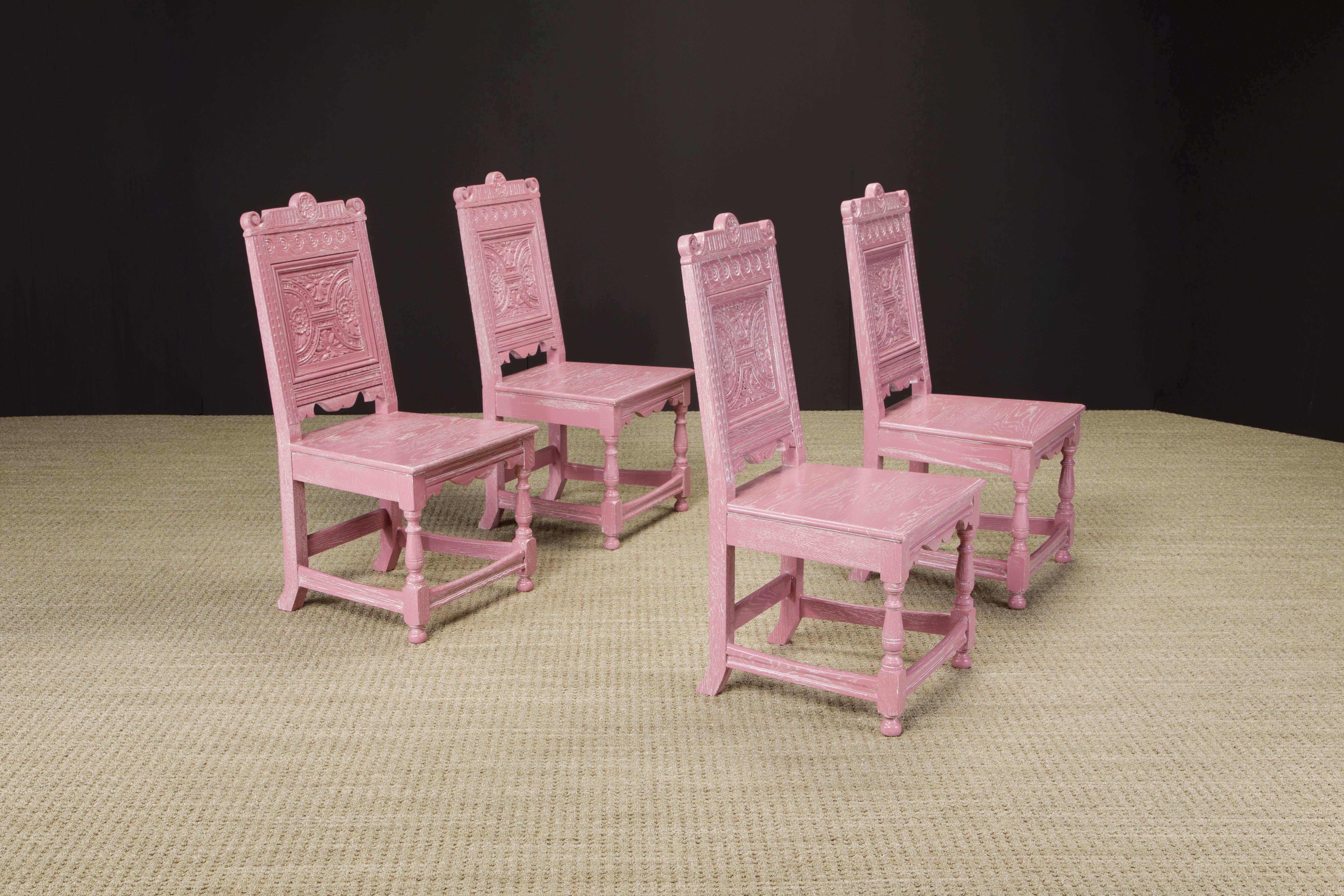 Jacobean Revival Carved Oak Dining Set Restored in Cerused Pink, circa 1930s 7