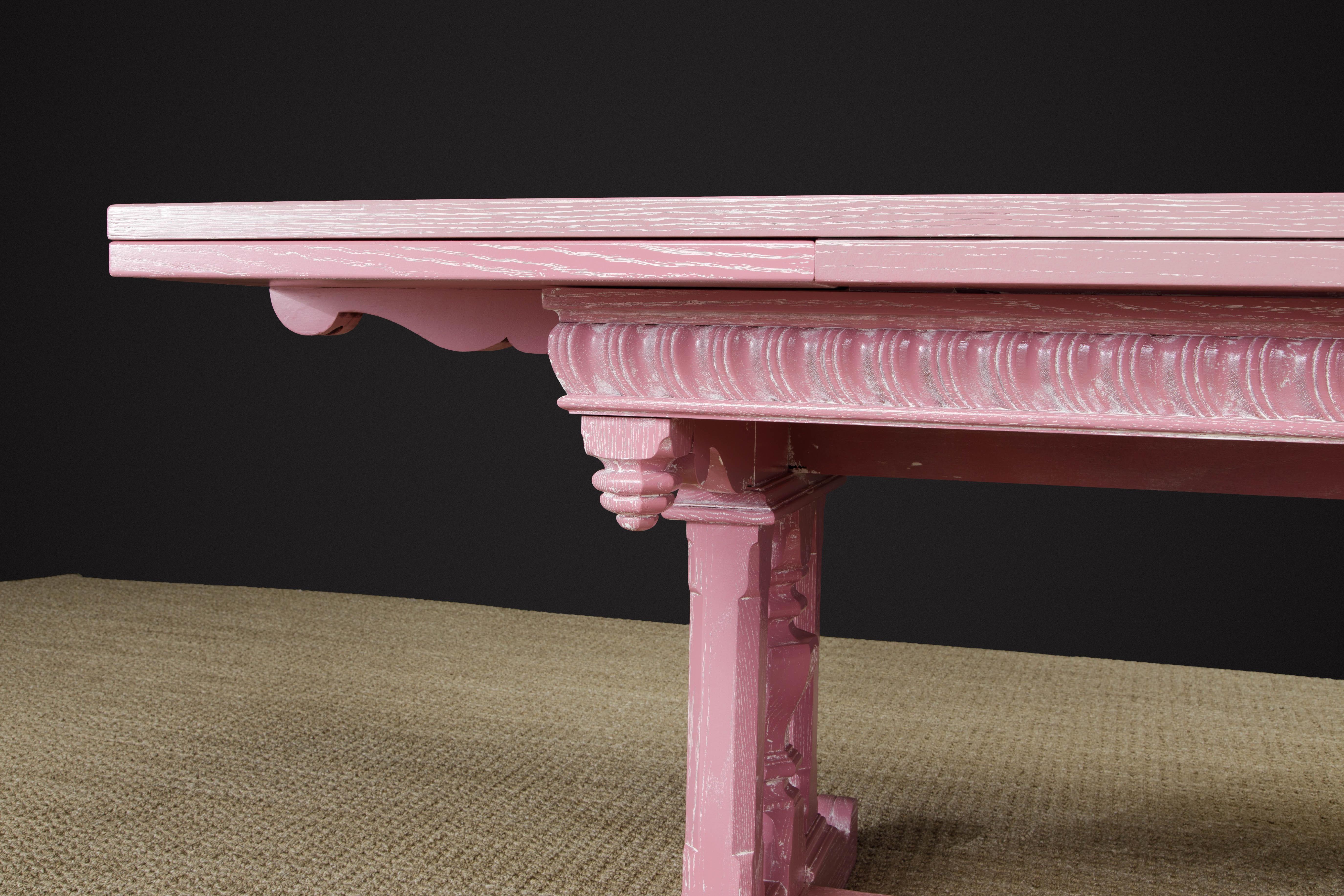Jacobean Revival Carved Oak Dining Set Restored in Cerused Pink, circa 1930s 11
