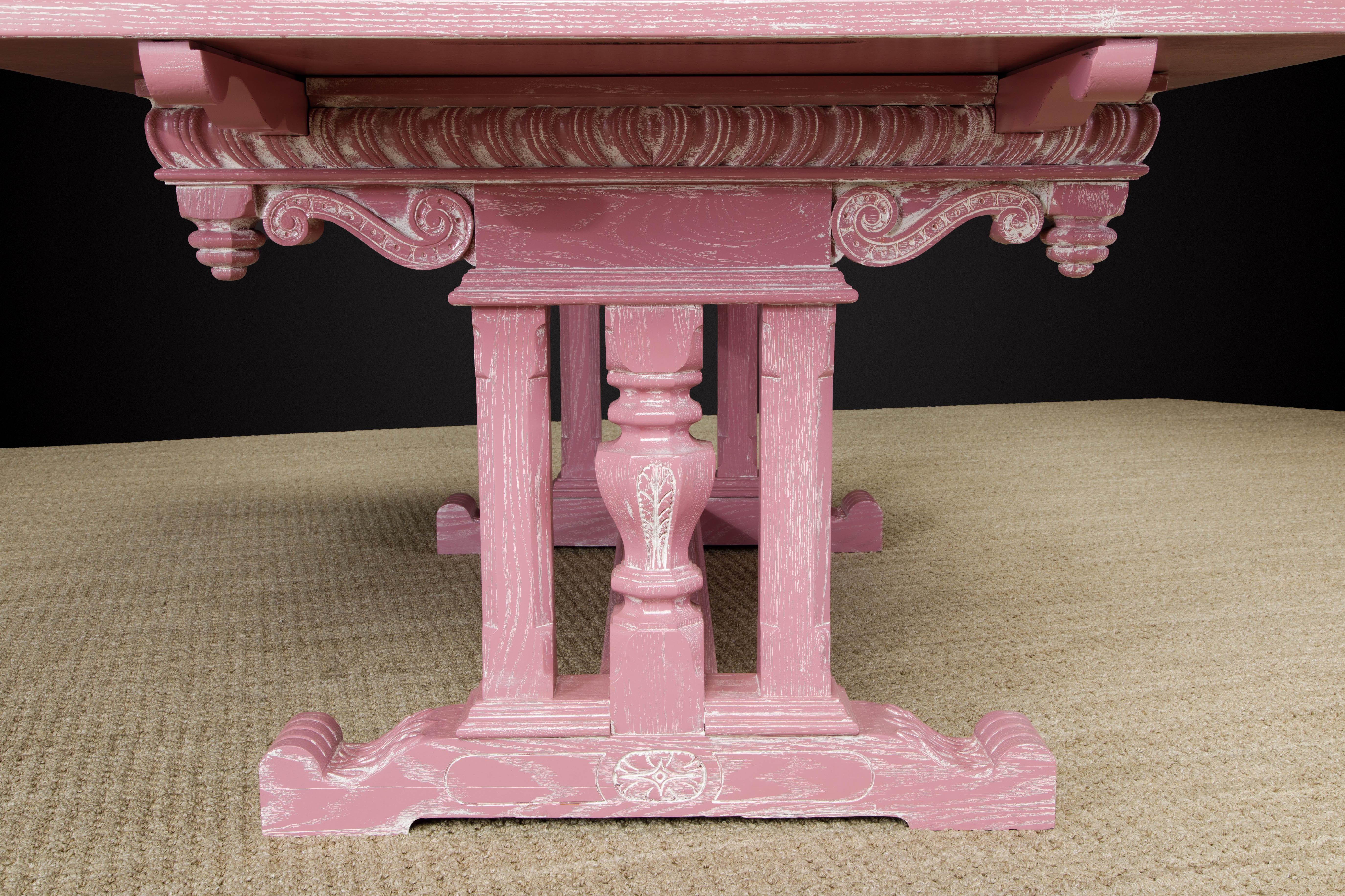 Jacobean Revival Carved Oak Dining Set Restored in Cerused Pink, circa 1930s 13