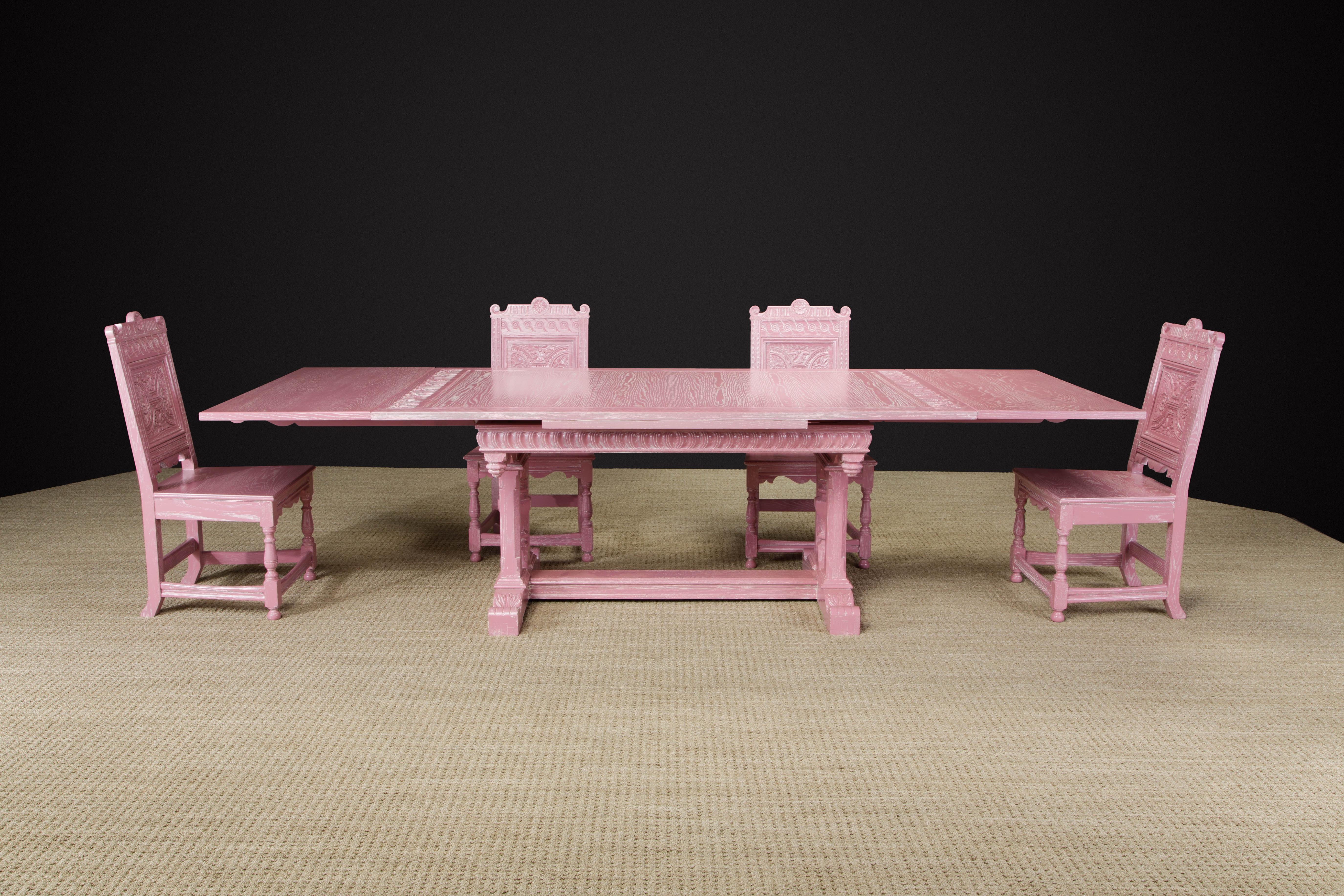 For the designer looking for something unusual and a little bit on the wild side, this gorgeous pink cerused carved oak dining set is in the Jacobean Revival style with intricate detailing and newly restored. We estimate the original production of
