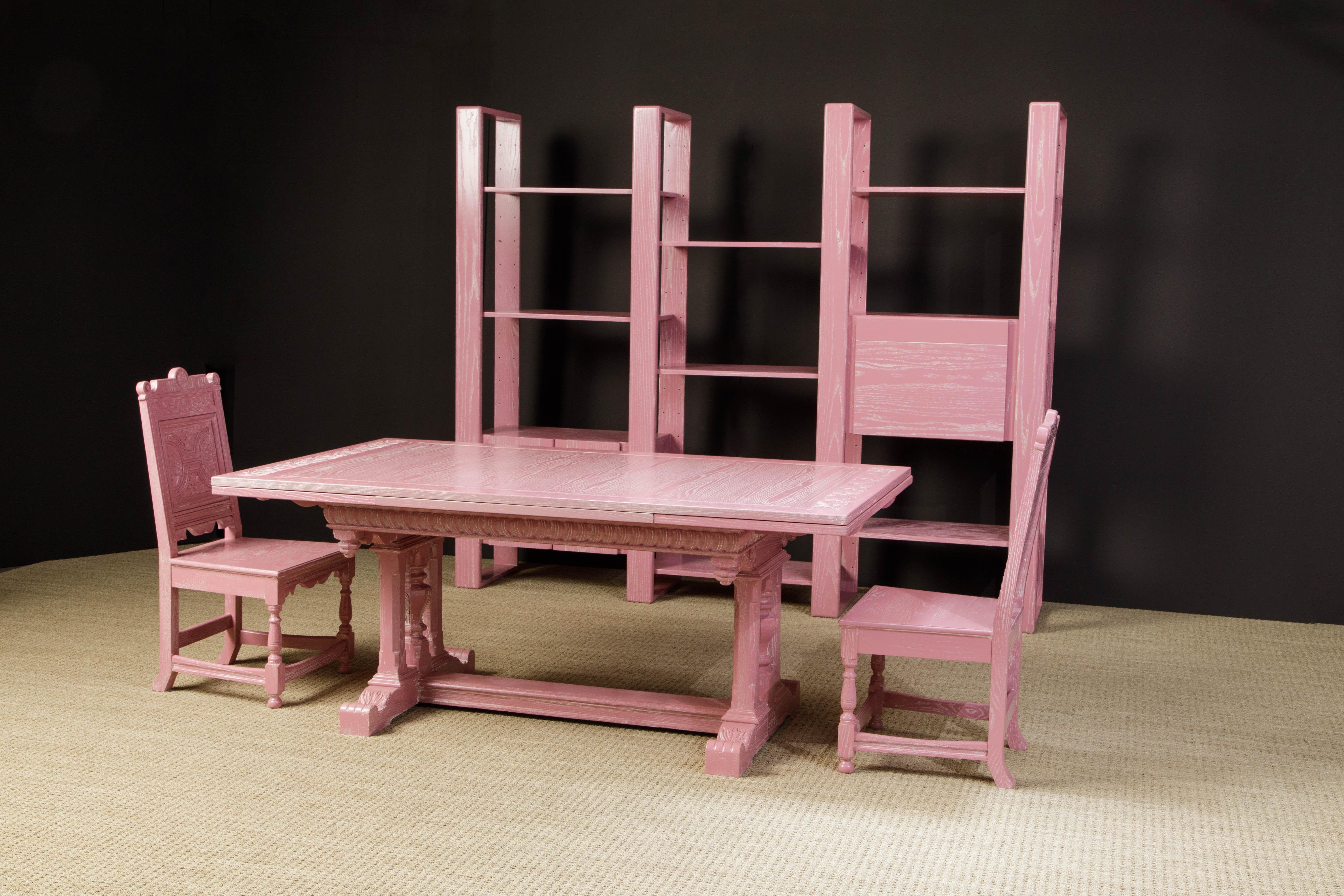 Jacobean Revival Carved Oak Dining Set Restored in Cerused Pink, circa 1930s 14