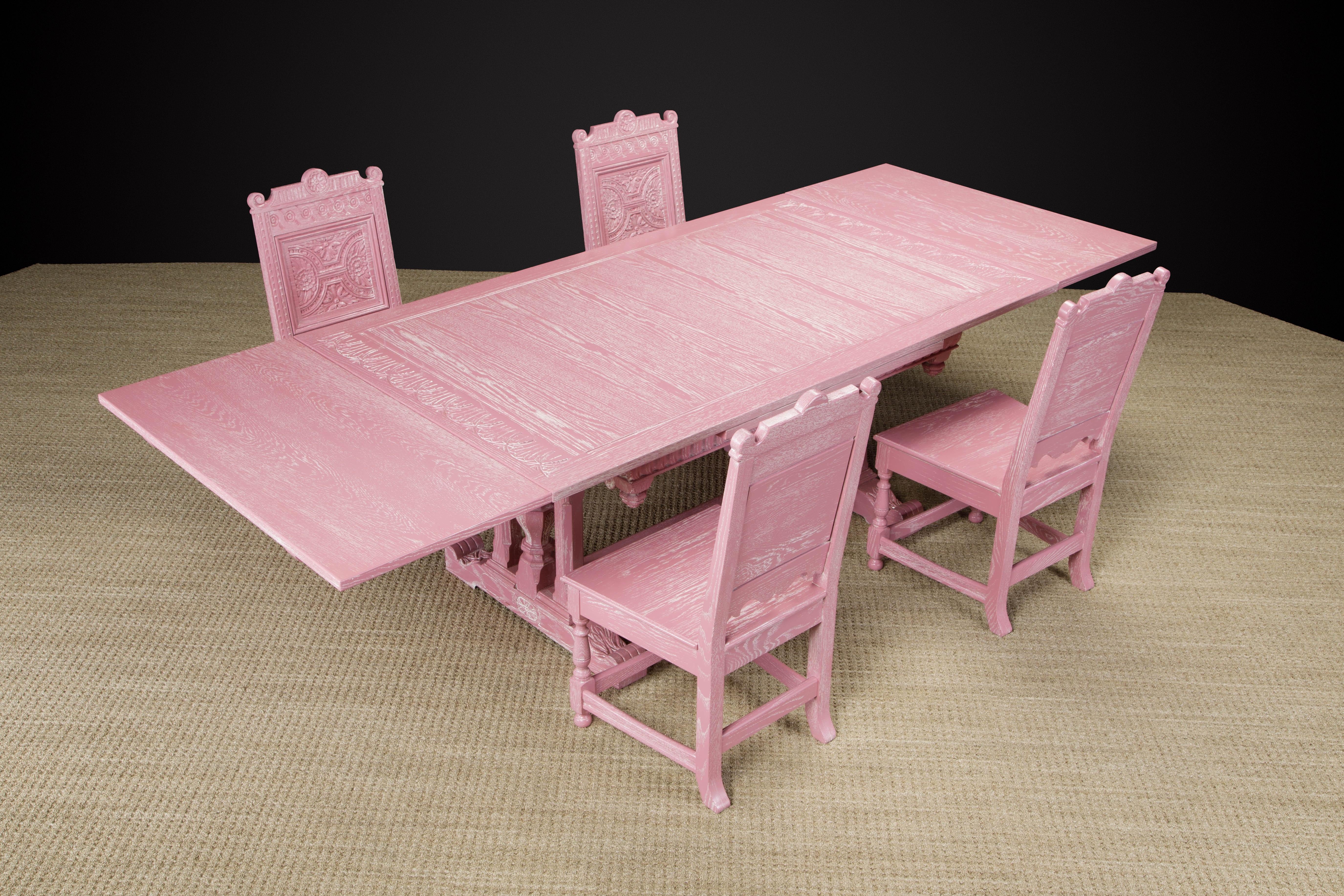 Unknown Jacobean Revival Carved Oak Dining Set Restored in Cerused Pink, circa 1930s